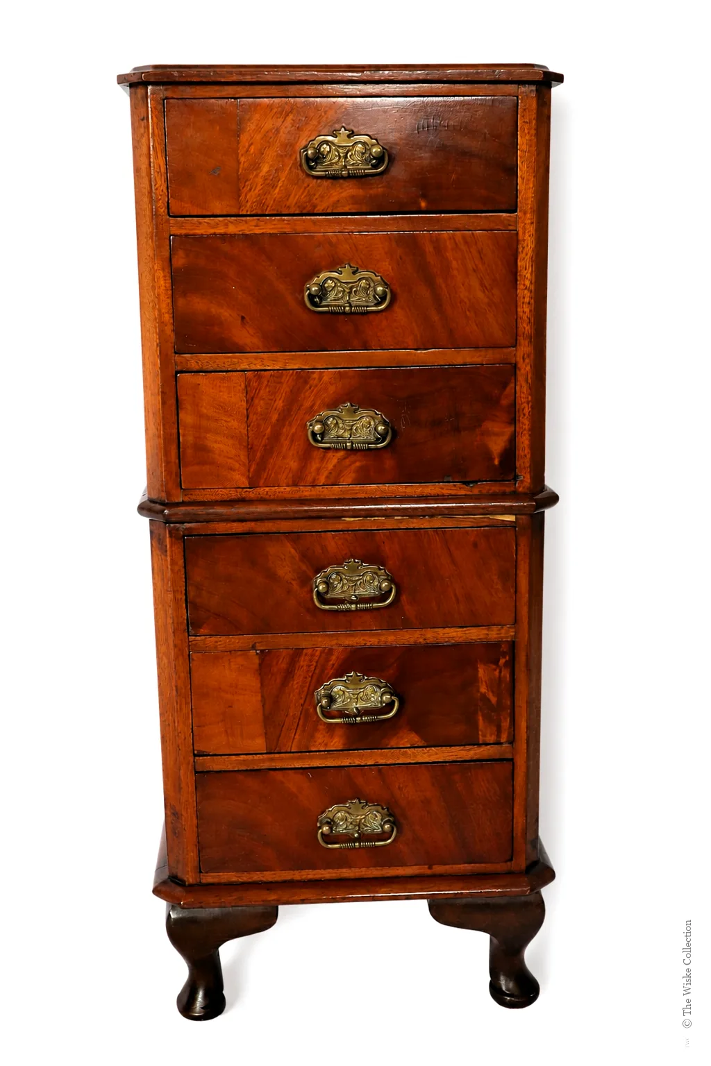 Early 20th-century walnut miniature chest of small proportions, with moulded rectangular top and clipped corners, six graduated drawers fitted with brass swing handles, and short cabriole feet; 67cm high, 28cm wide, 22cm deep thumbnail 2