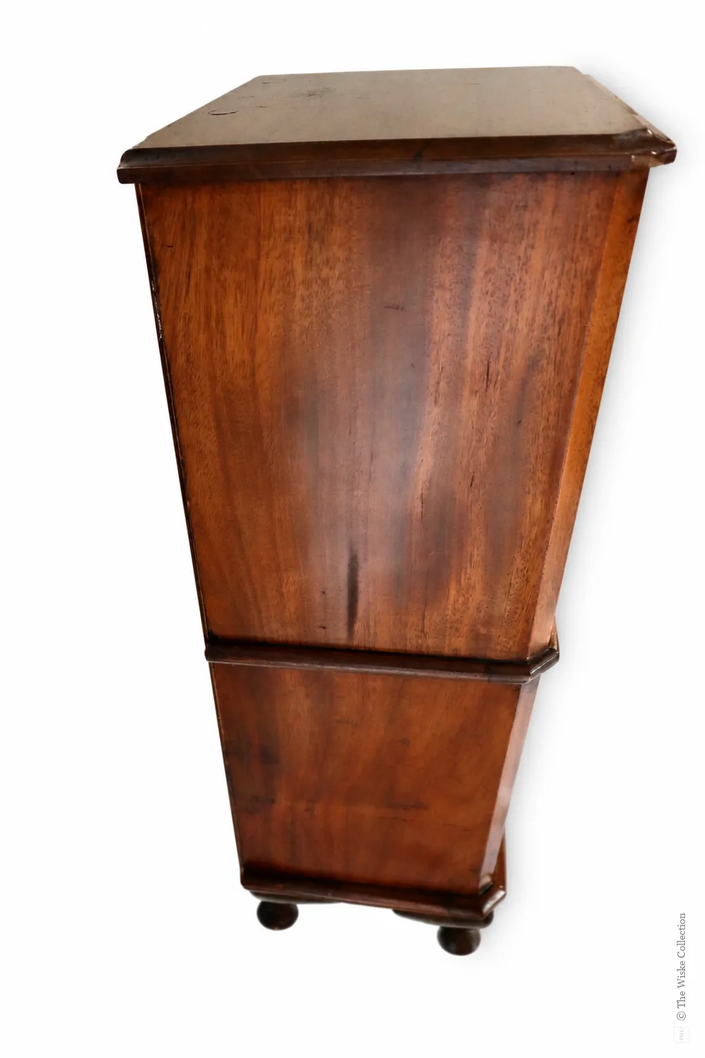 Early 20th-century walnut miniature chest of small proportions, with moulded rectangular top and clipped corners, six graduated drawers fitted with brass swing handles, and short cabriole feet; 67cm high, 28cm wide, 22cm deep thumbnail 4