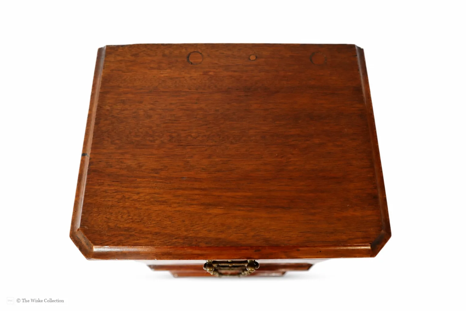Early 20th-century walnut miniature chest of small proportions, with moulded rectangular top and clipped corners, six graduated drawers fitted with brass swing handles, and short cabriole feet; 67cm high, 28cm wide, 22cm deep thumbnail 3