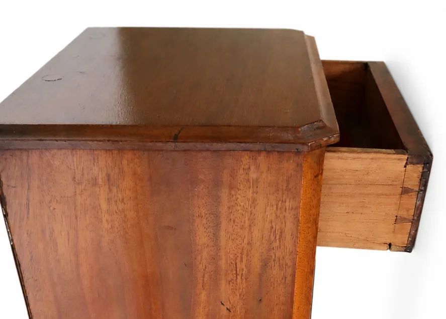 Early 20th-century walnut miniature chest of small proportions, with moulded rectangular top and clipped corners, six graduated drawers fitted with brass swing handles, and short cabriole feet; 67cm high, 28cm wide, 22cm deep thumbnail 6