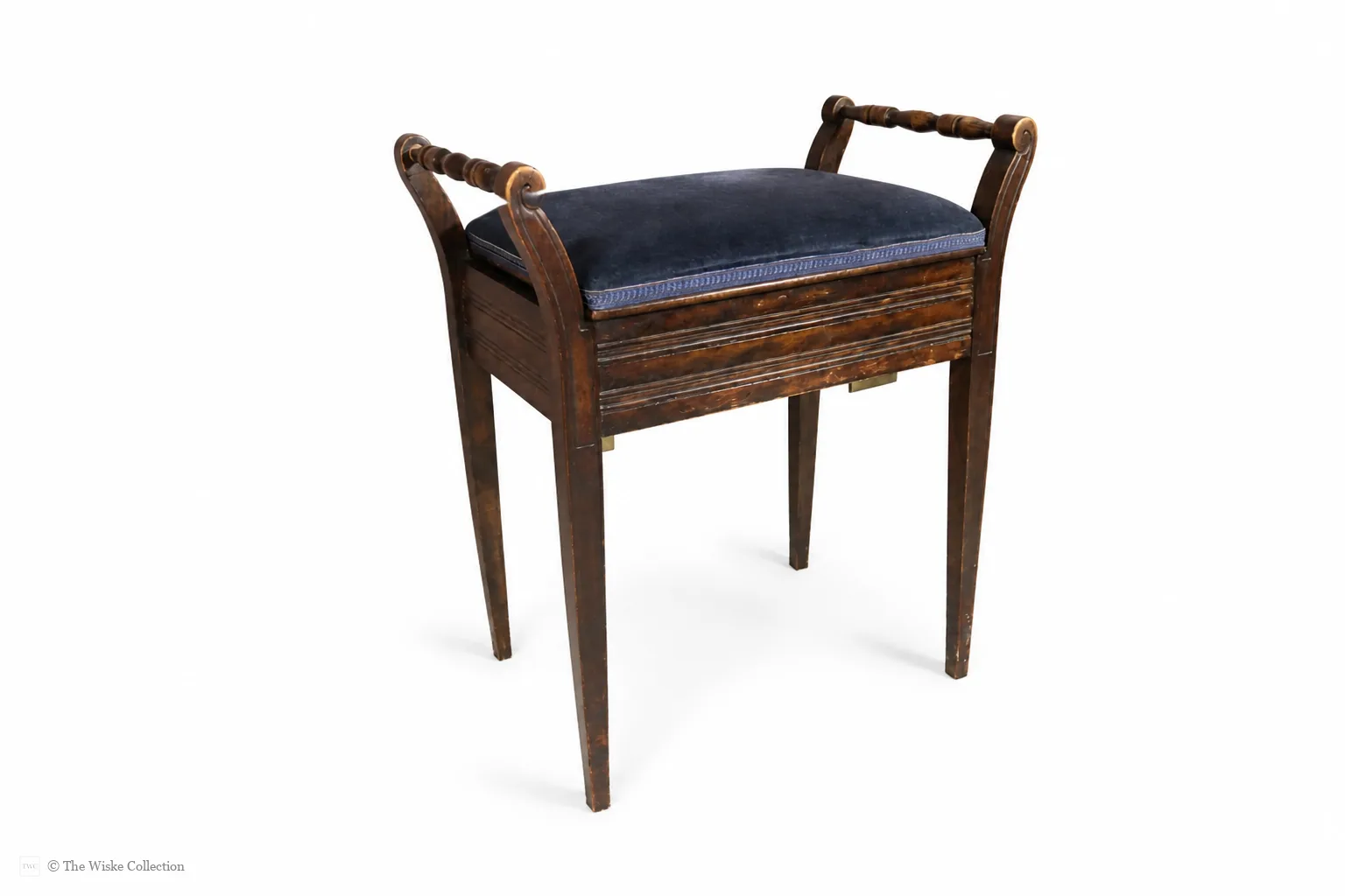 An Edwardian piano stool featuring a blue upholstered hinged seat, turned arms and tapering supports; wood frame with textile upholstery and metal hinges - Plate 1