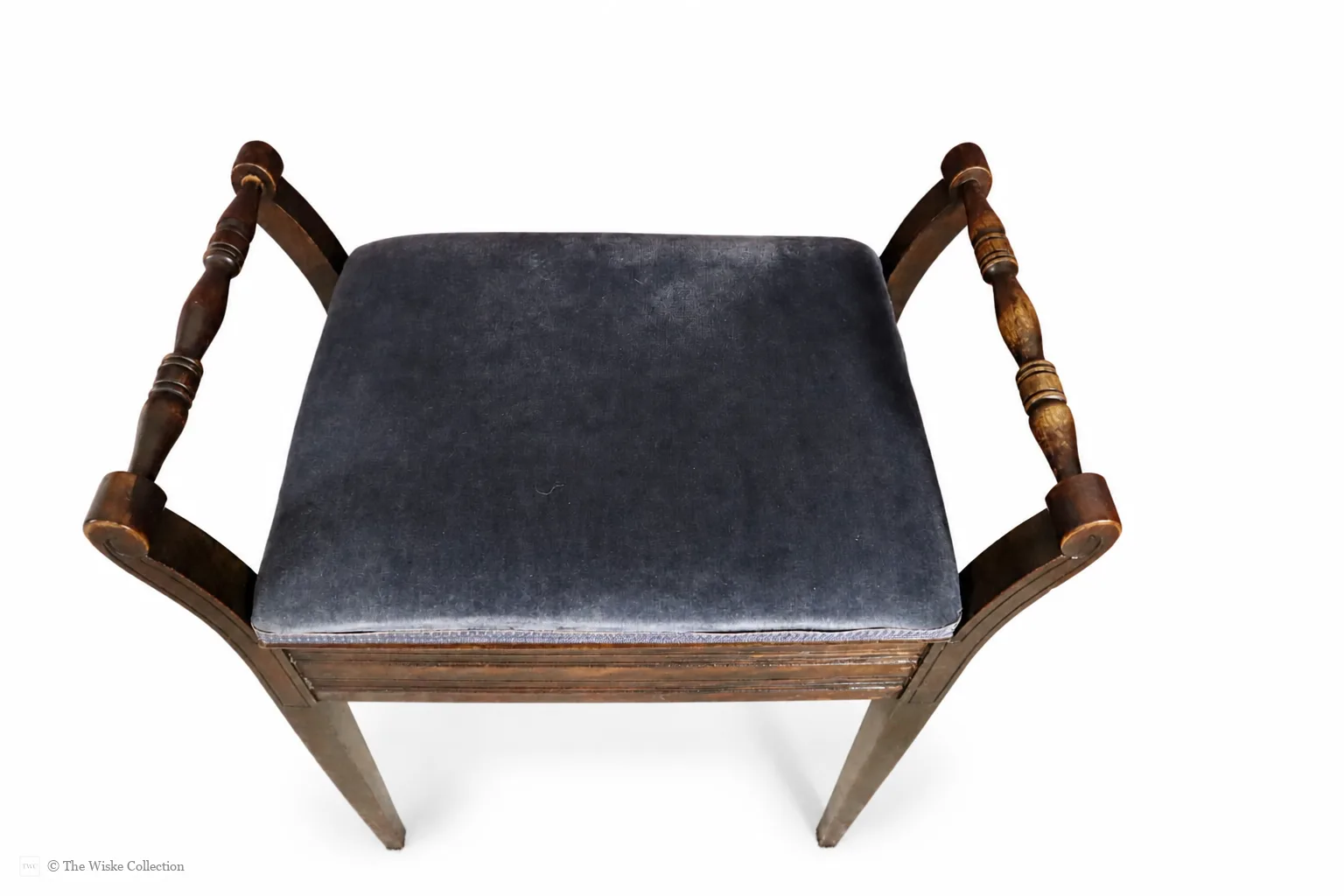 An Edwardian piano stool featuring a blue upholstered hinged seat, turned arms and tapering supports; wood frame with textile upholstery and metal hinges thumbnail 3