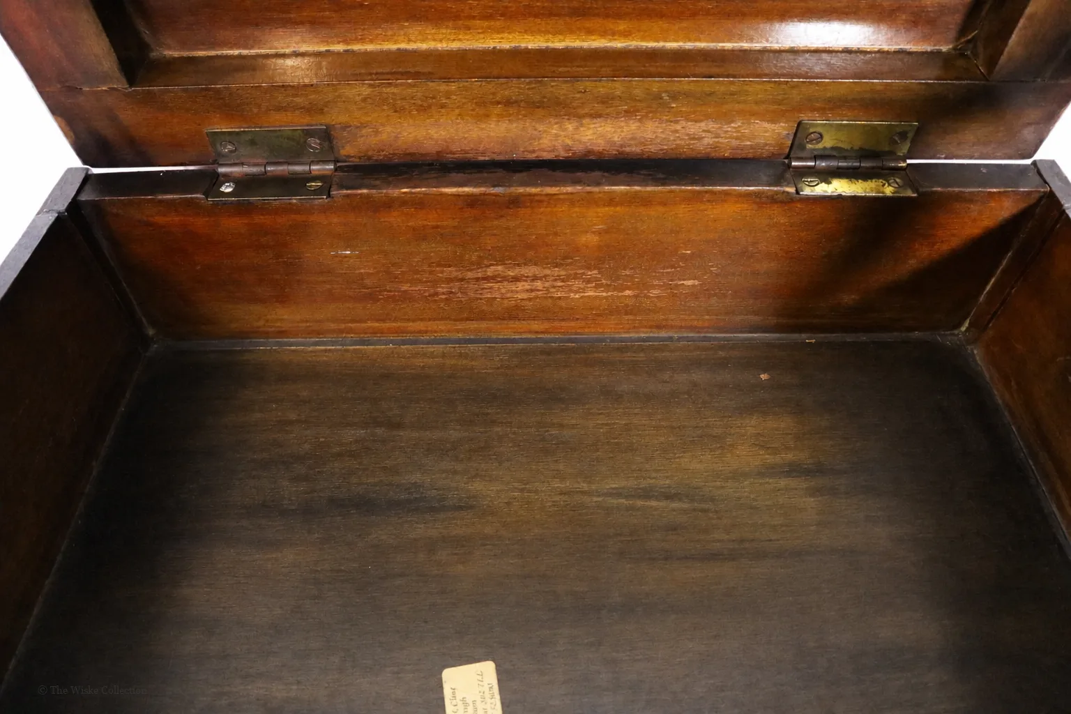 An Edwardian piano stool featuring a blue upholstered hinged seat, turned arms and tapering supports; wood frame with textile upholstery and metal hinges thumbnail 5