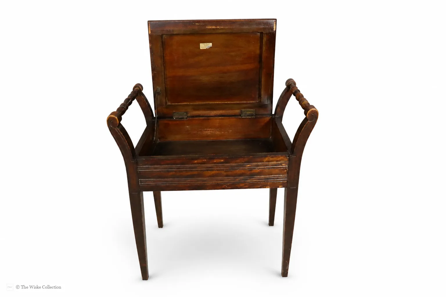 An Edwardian piano stool featuring a blue upholstered hinged seat, turned arms and tapering supports; wood frame with textile upholstery and metal hinges thumbnail 4