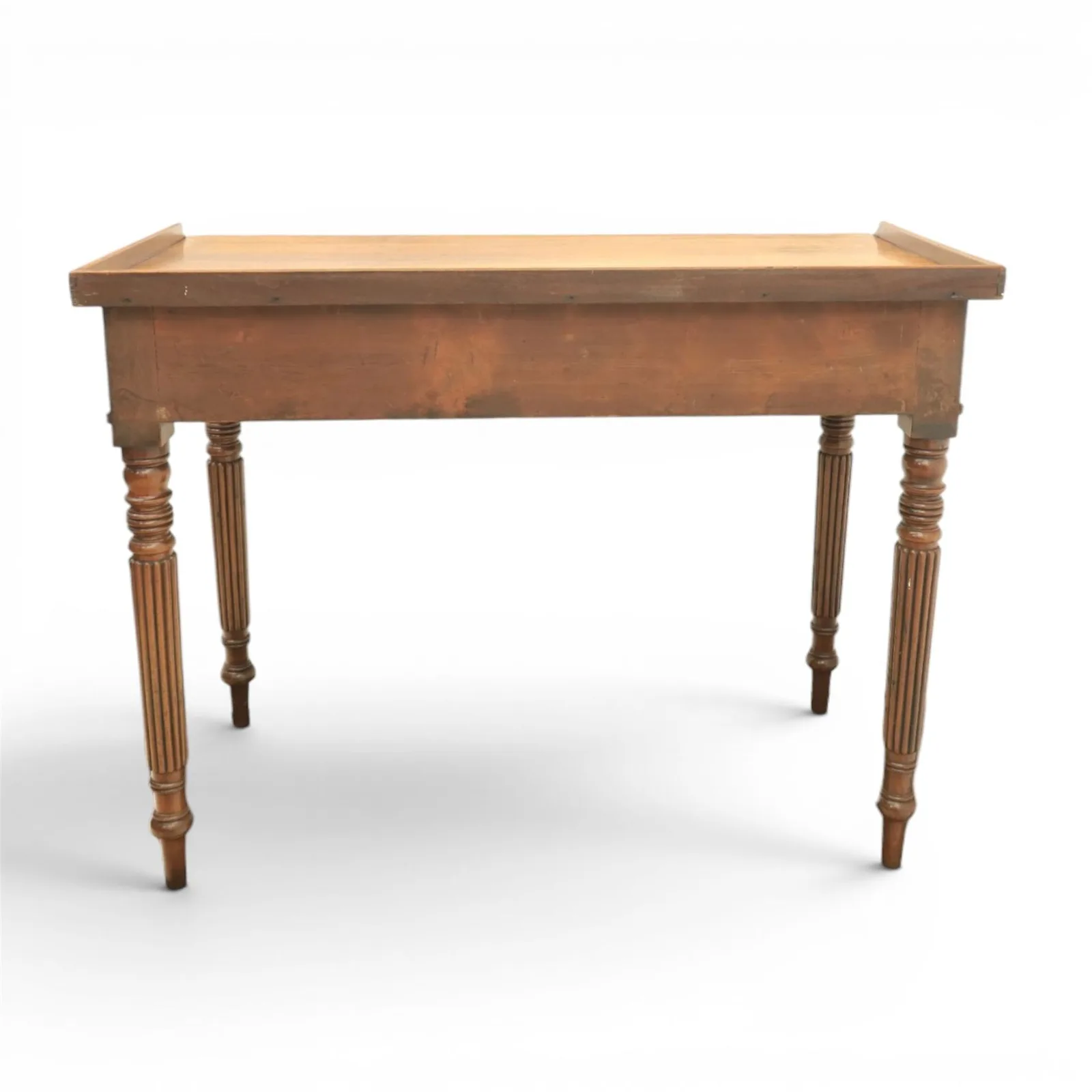 Regency English mahogany dressing table, stamped Gillow, early 19th century; rectangular top with three-quarter gallery above a frieze drawer with twin brass knobs; raised on turned and reeded supports thumbnail 5