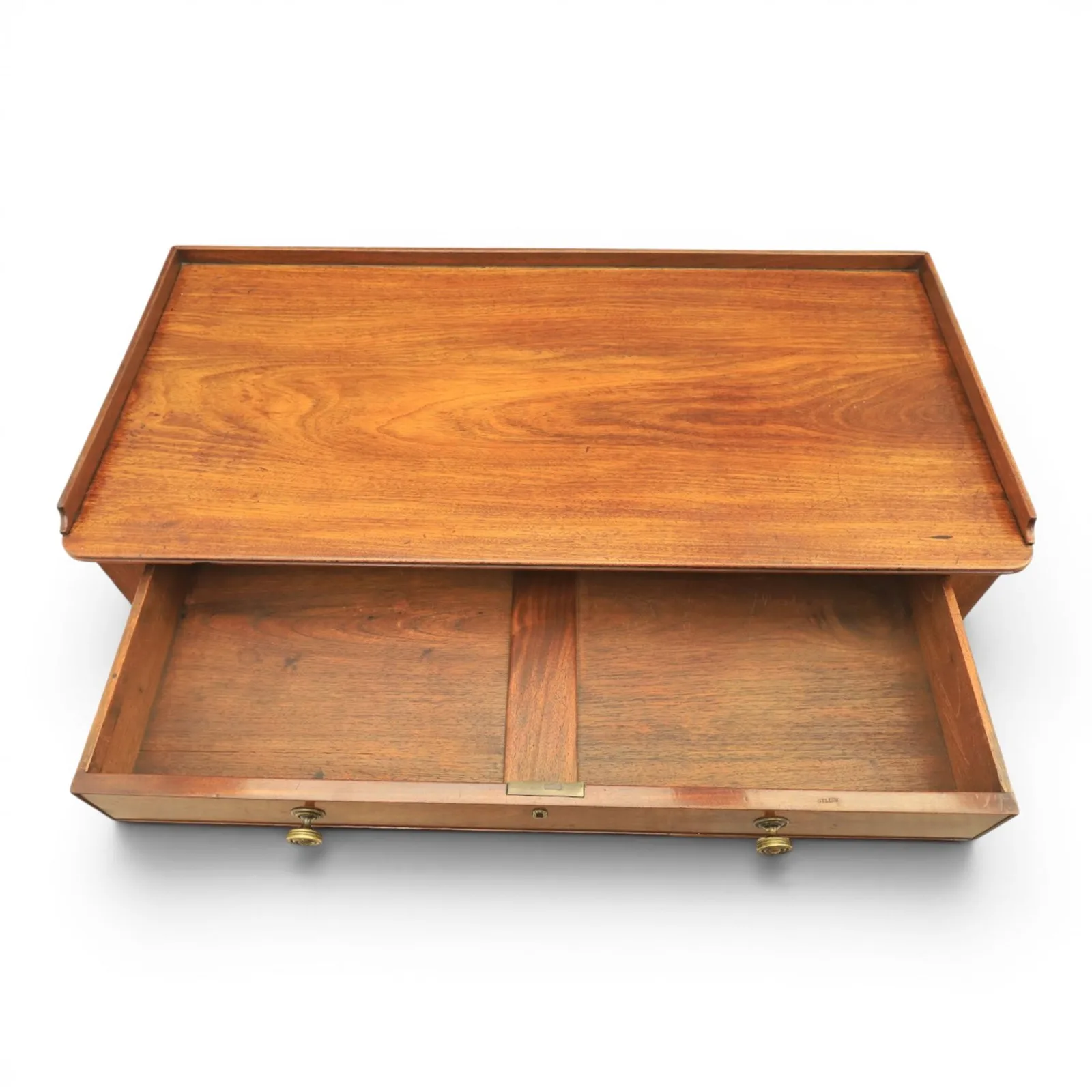 Regency English mahogany dressing table, stamped Gillow, early 19th century; rectangular top with three-quarter gallery above a frieze drawer with twin brass knobs; raised on turned and reeded supports thumbnail 7