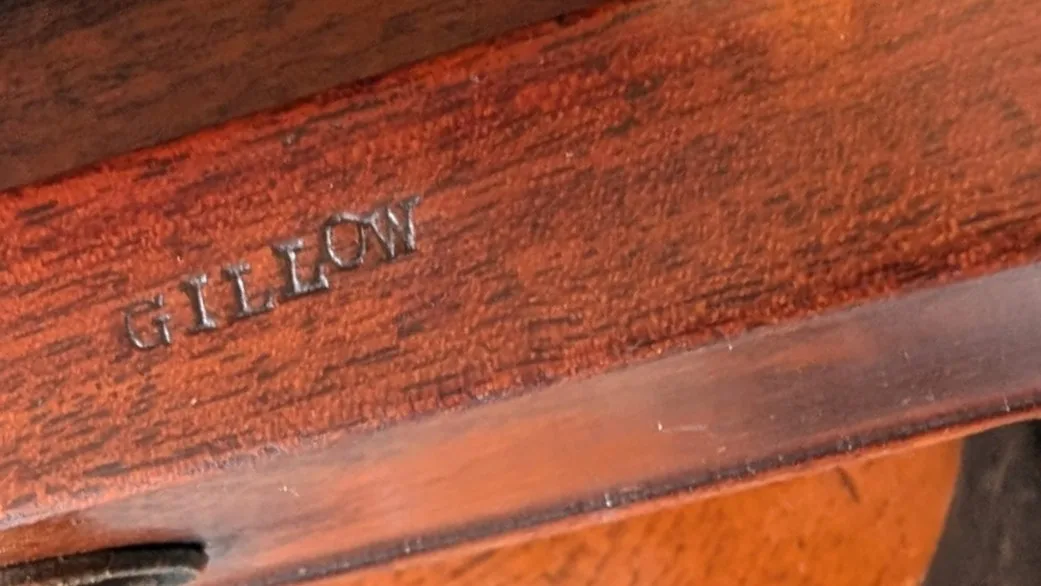 Regency English mahogany dressing table, stamped Gillow, early 19th century; rectangular top with three-quarter gallery above a frieze drawer with twin brass knobs; raised on turned and reeded supports thumbnail 10