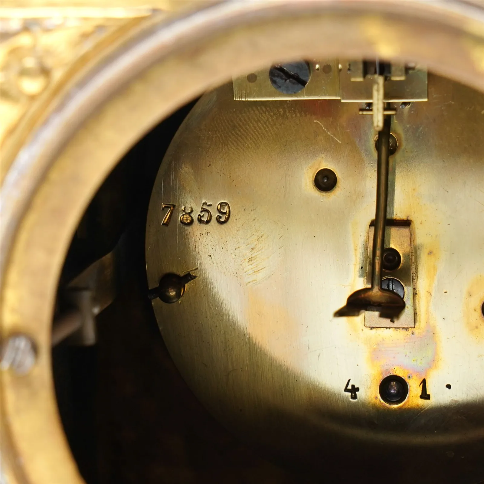 Early 20th-century Neoclassical brass mantel clock with white enamel dial, French timepiece movement and recoil anchor escapement; case crowned by lyre finial, trailing garlands and wreaths, on scroll feet thumbnail 11