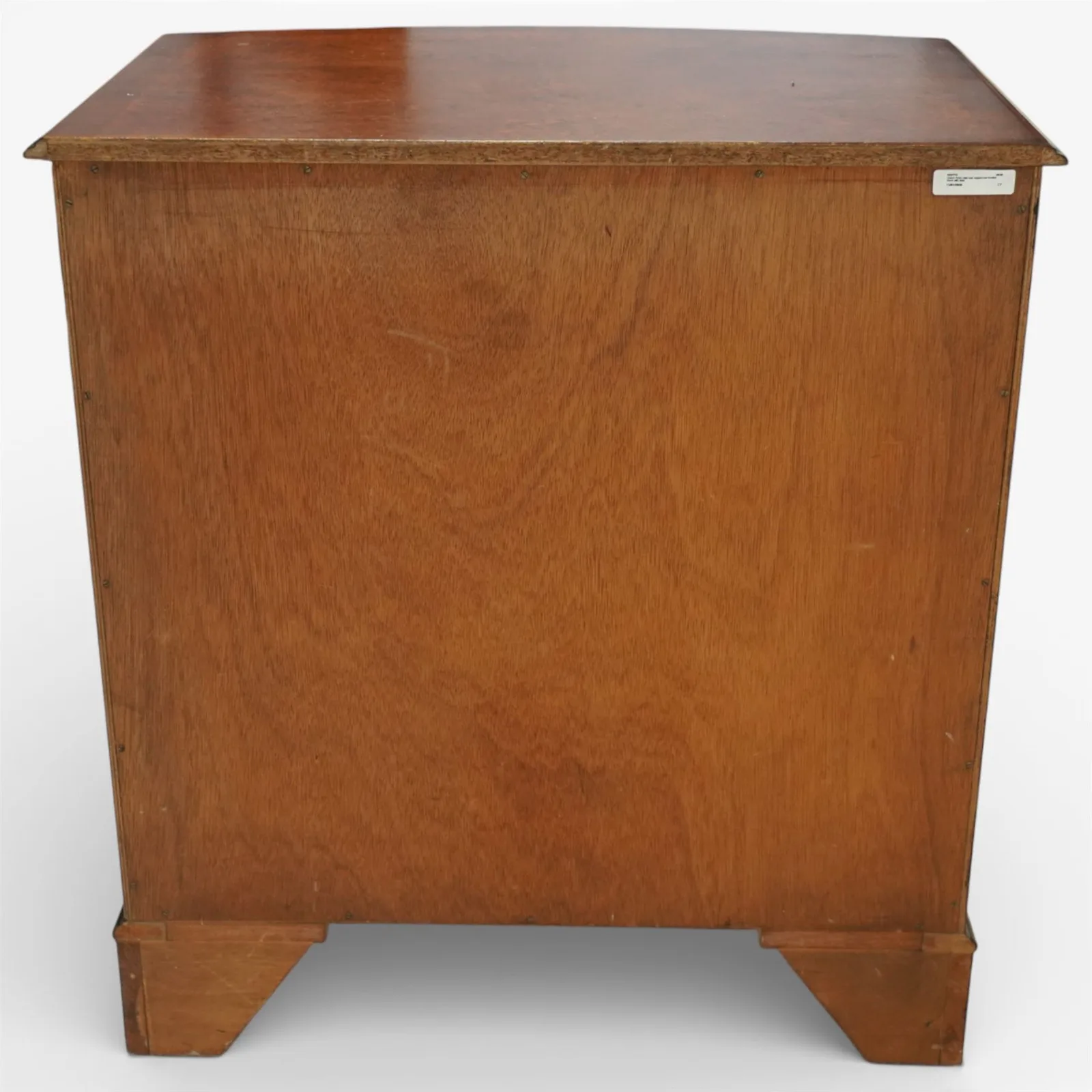 20th century Queen Anne style burr walnut bow fronted chest of drawers, moulded rectangular top above a brushing slide, four graduated drawers fitted with pierced brass handles, flanked by canted corners, raised on shaped bracket feet thumbnail 5