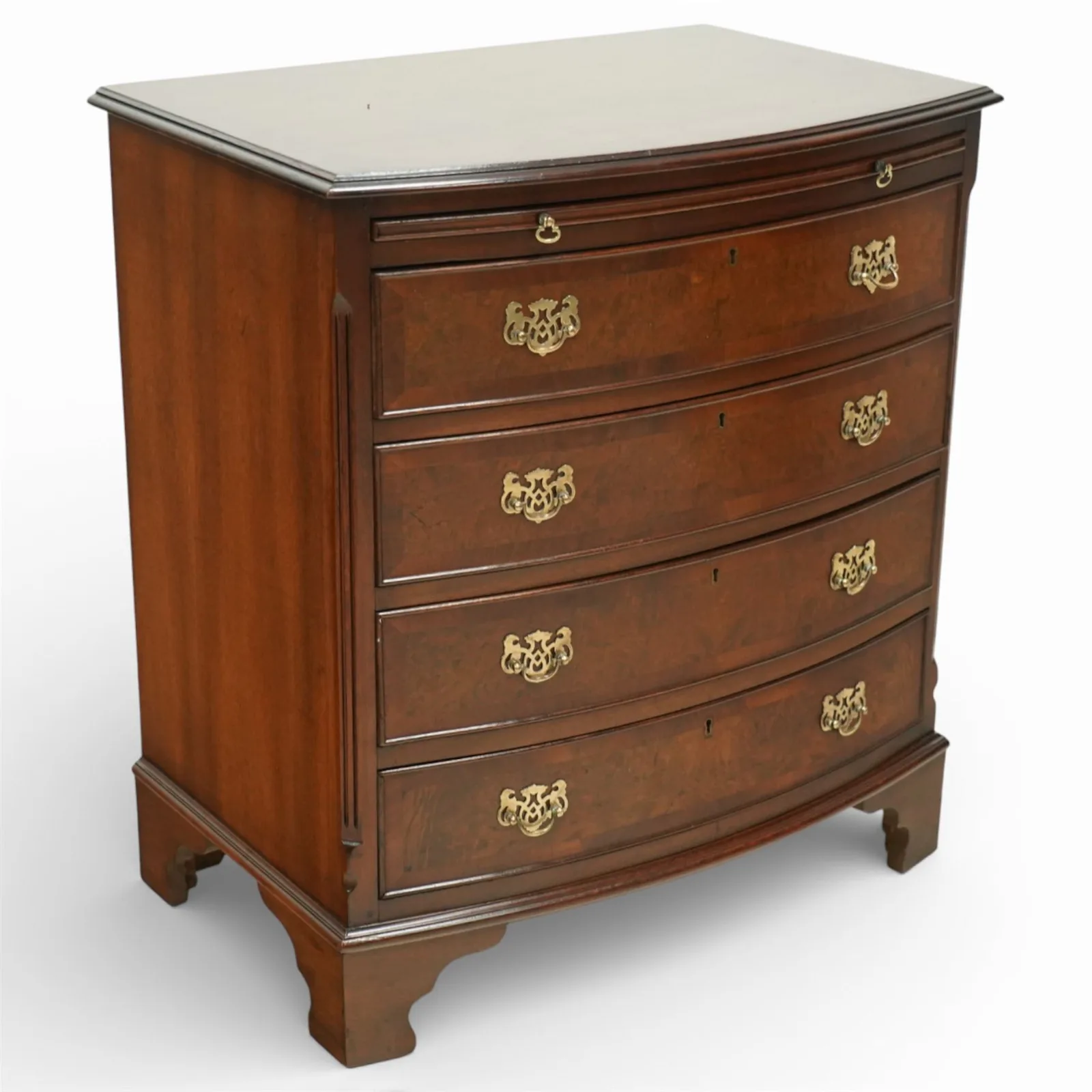 20th century Queen Anne style burr walnut bow fronted chest of drawers, moulded rectangular top above a brushing slide, four graduated drawers fitted with pierced brass handles, flanked by canted corners, raised on shaped bracket feet thumbnail 2