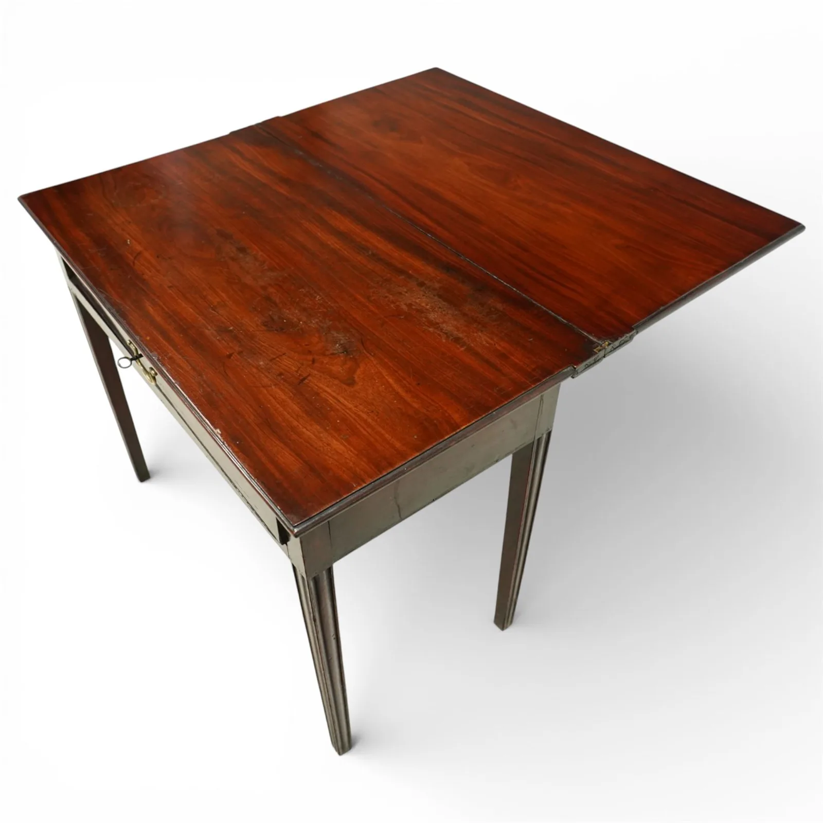 Georgian mahogany turn-over top tea table, rectangular top with hinged fold-over leaf forming a square surface, fitted with a single frieze drawer with brass swan neck handle and escutcheon, on square tapering legs thumbnail 3