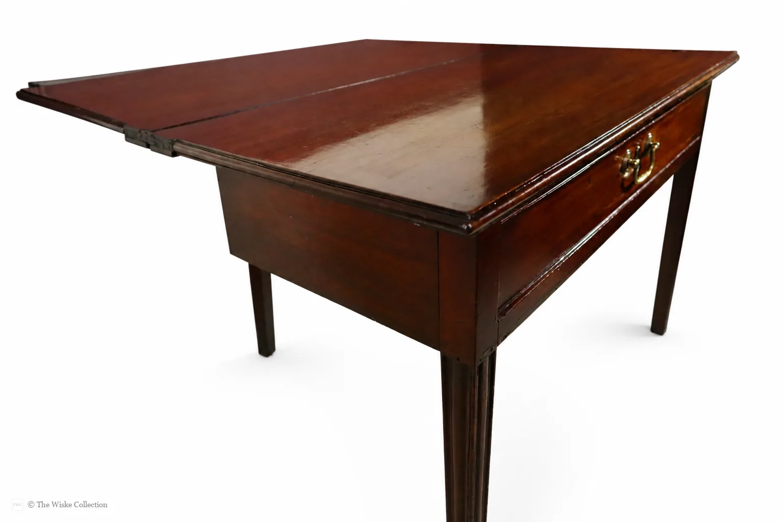Georgian mahogany turnover-top tea table; rectangular hinged leaf unfolds to a square surface; single frieze drawer with brass swan-neck handle and escutcheon; square tapering legs thumbnail 11