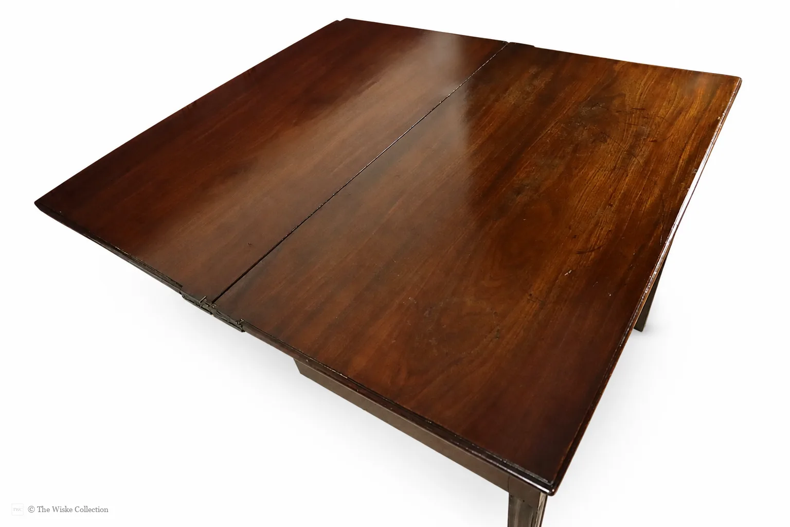 Georgian mahogany turnover-top tea table; rectangular hinged leaf unfolds to a square surface; single frieze drawer with brass swan-neck handle and escutcheon; square tapering legs thumbnail 12