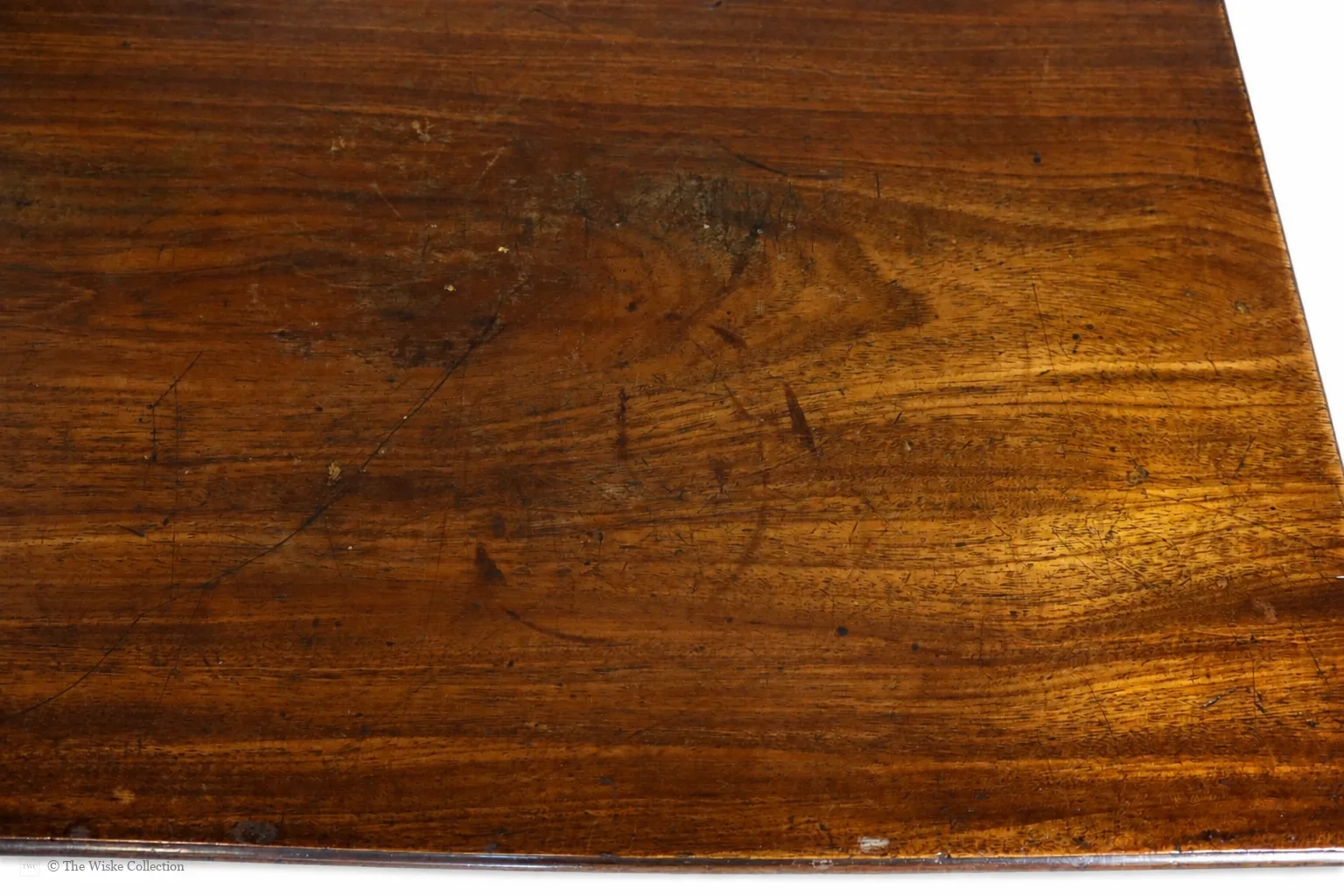 Georgian mahogany turnover-top tea table; rectangular hinged leaf unfolds to a square surface; single frieze drawer with brass swan-neck handle and escutcheon; square tapering legs thumbnail 14