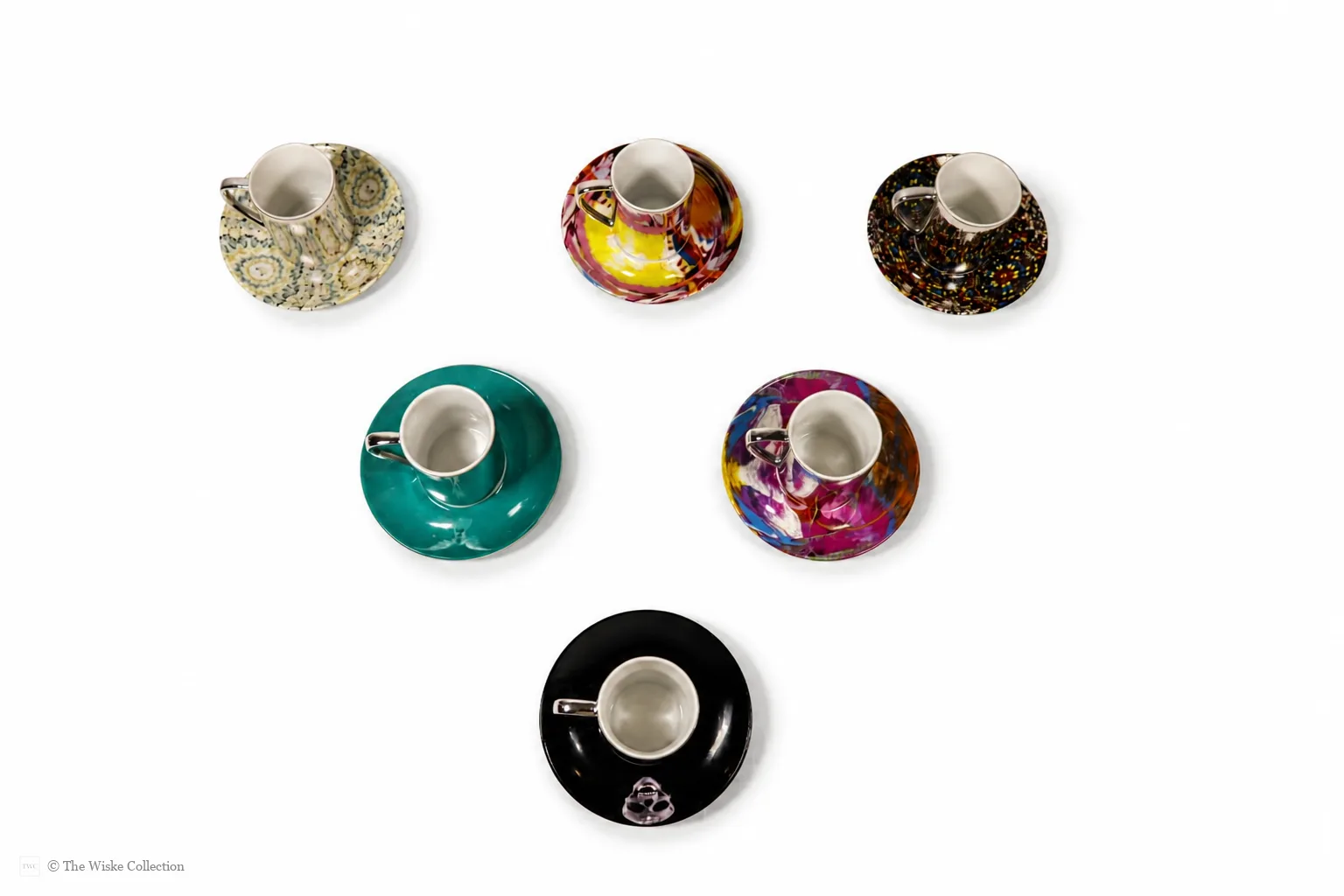 Damien Hirst (British 1965-); set of six anamorphic silver lustre espresso cups and saucers of various designs thumbnail 6