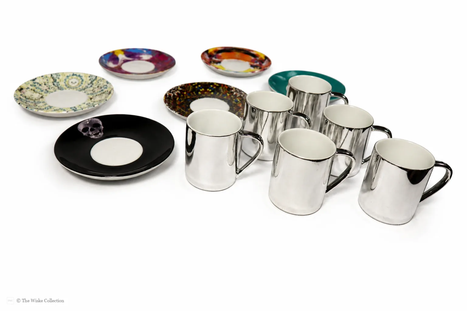Damien Hirst (British 1965-); set of six anamorphic silver lustre espresso cups and saucers of various designs thumbnail 17
