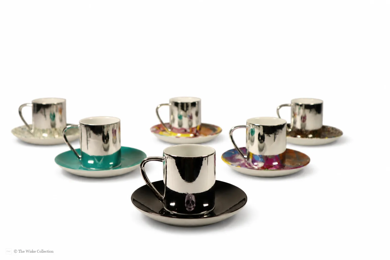 Damien Hirst (British 1965-); set of six anamorphic silver lustre espresso cups and saucers of various designs - Plate 1