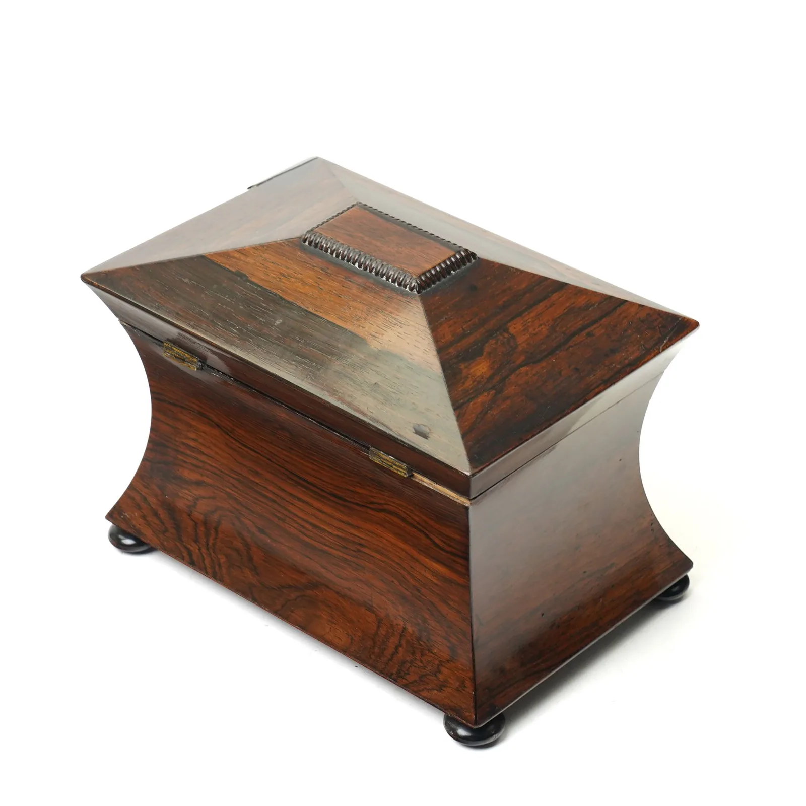 Early 19th century rosewood tea caddy of waisted sarcophagus form, twin compartments, on compressed bun feet, brass keyplate, H17cm W22cm thumbnail 5