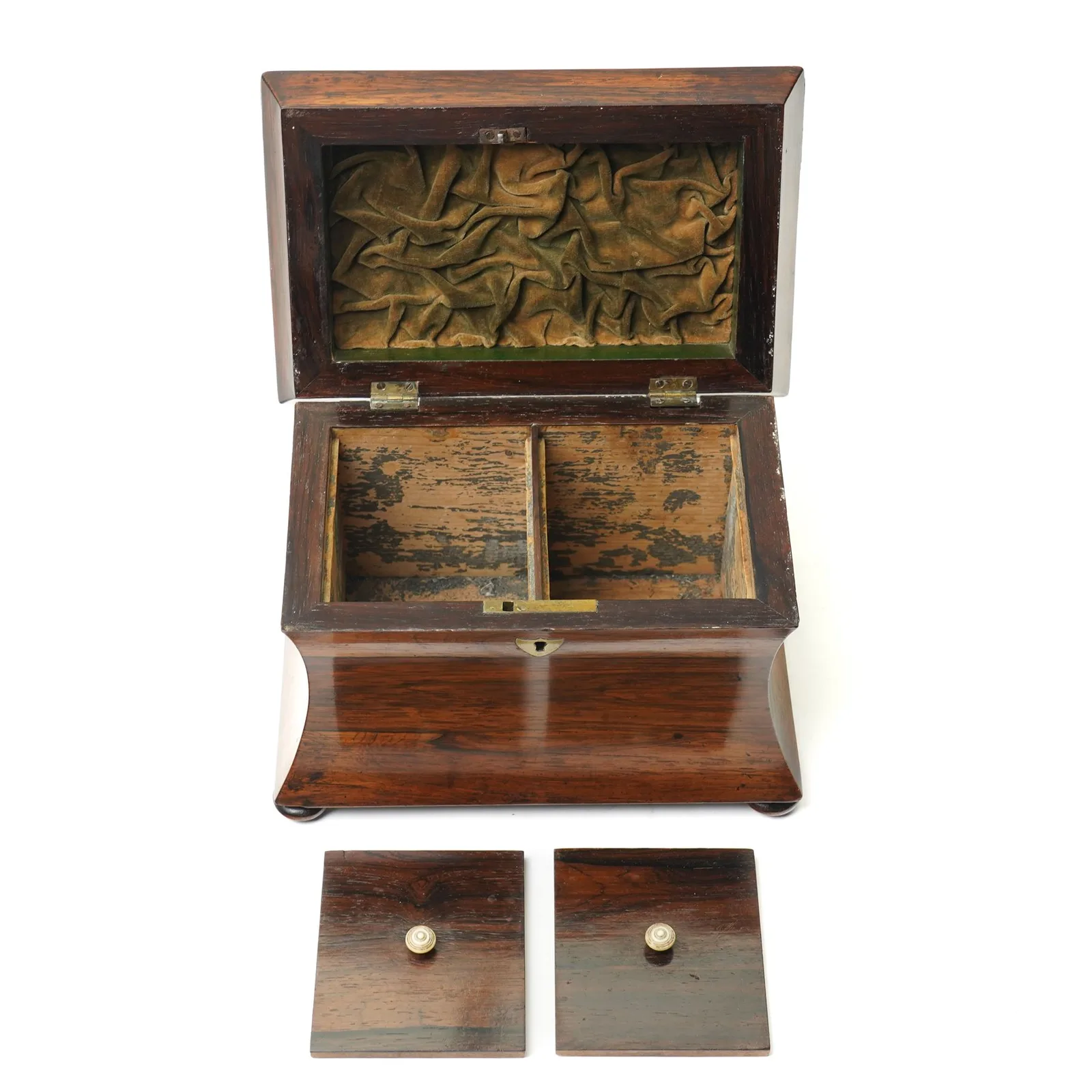 Early 19th century rosewood tea caddy of waisted sarcophagus form, twin compartments, on compressed bun feet, brass keyplate, H17cm W22cm thumbnail 4