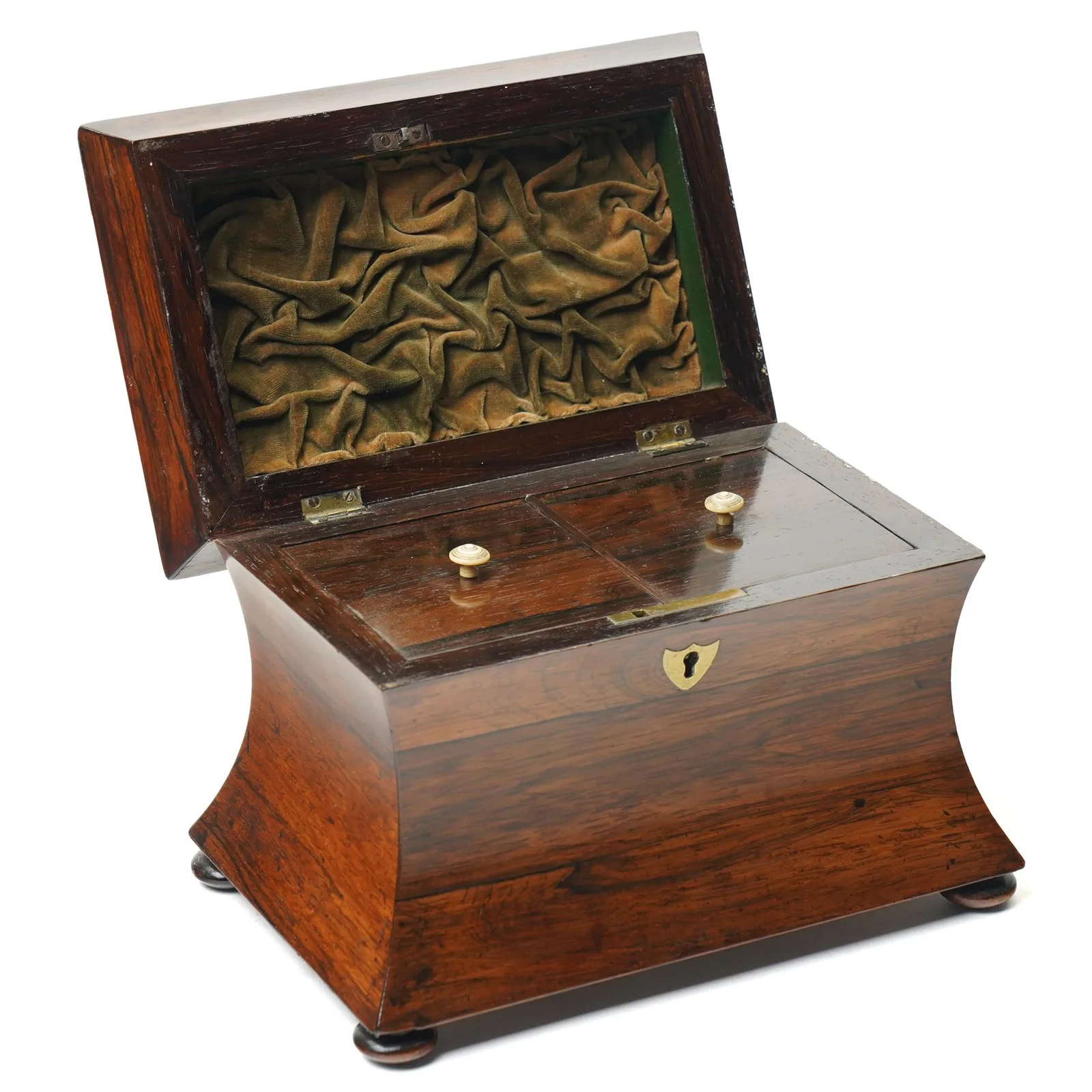Early 19th century rosewood tea caddy of waisted sarcophagus form, twin compartments, on compressed bun feet, brass keyplate, H17cm W22cm thumbnail 3