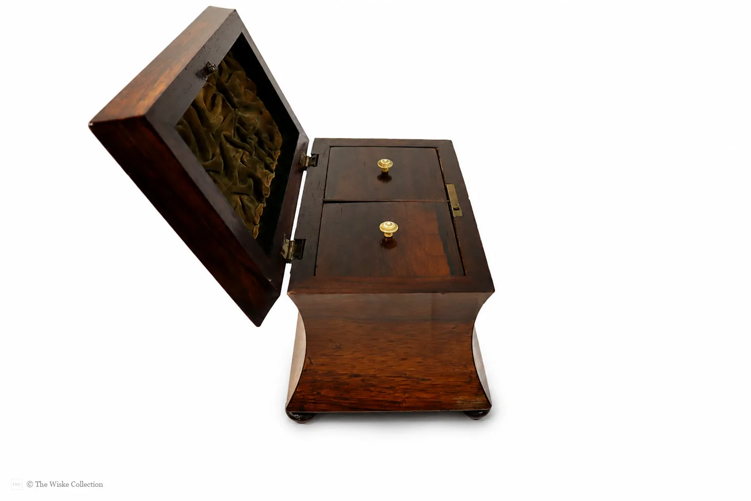 Early 19th-century rosewood tea caddy of waisted sarcophagus form, with twin compartments, brass keyplate, and compressed bun feet; 17cm high, 22cm wide thumbnail 4