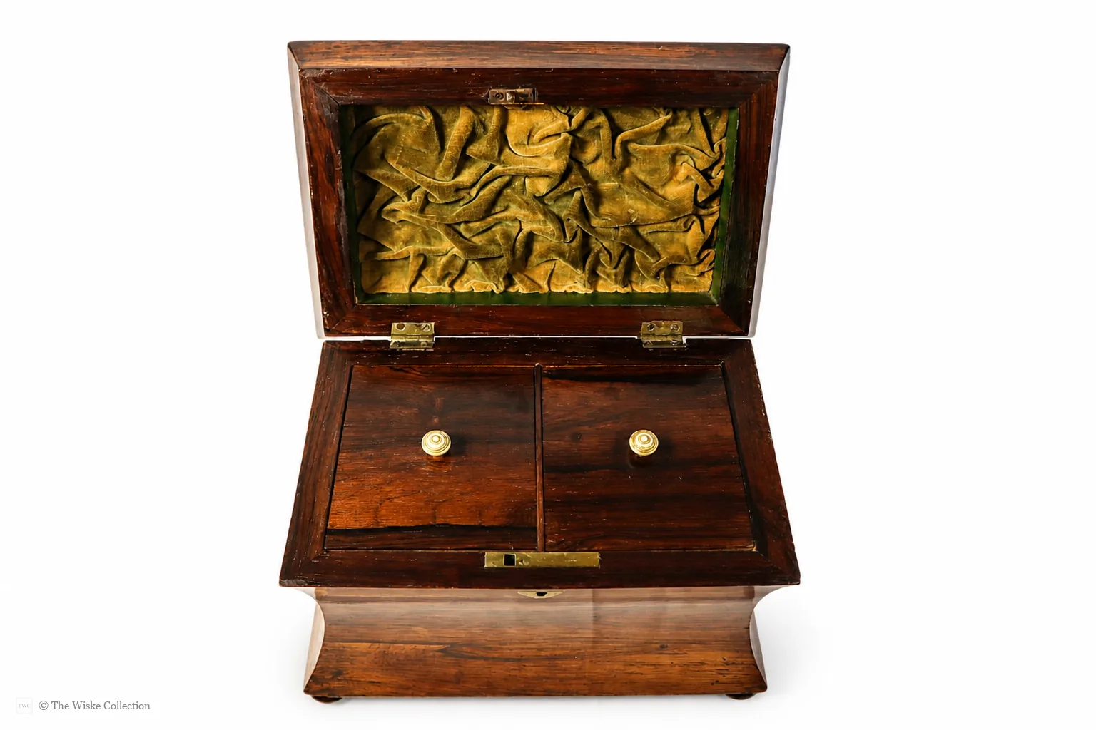 Early 19th-century rosewood tea caddy of waisted sarcophagus form, with twin compartments, brass keyplate, and compressed bun feet; 17cm high, 22cm wide thumbnail 5
