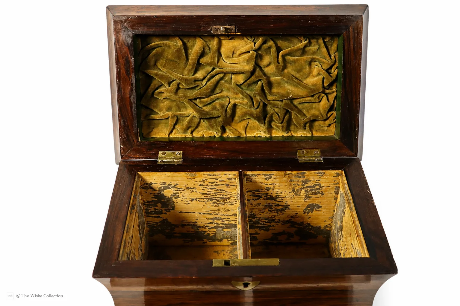 Early 19th-century rosewood tea caddy of waisted sarcophagus form, with twin compartments, brass keyplate, and compressed bun feet; 17cm high, 22cm wide thumbnail 6