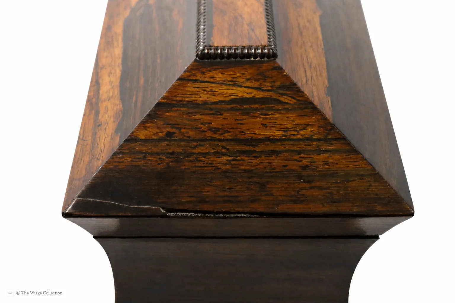 Early 19th-century rosewood tea caddy of waisted sarcophagus form, with twin compartments, brass keyplate, and compressed bun feet; 17cm high, 22cm wide thumbnail 8