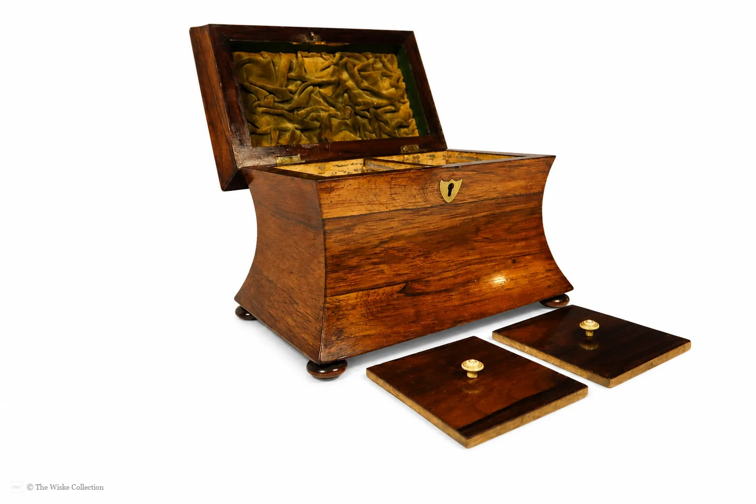 Early 19th-century rosewood tea caddy of waisted sarcophagus form, with twin compartments, brass keyplate, and compressed bun feet; 17cm high, 22cm wide thumbnail 9