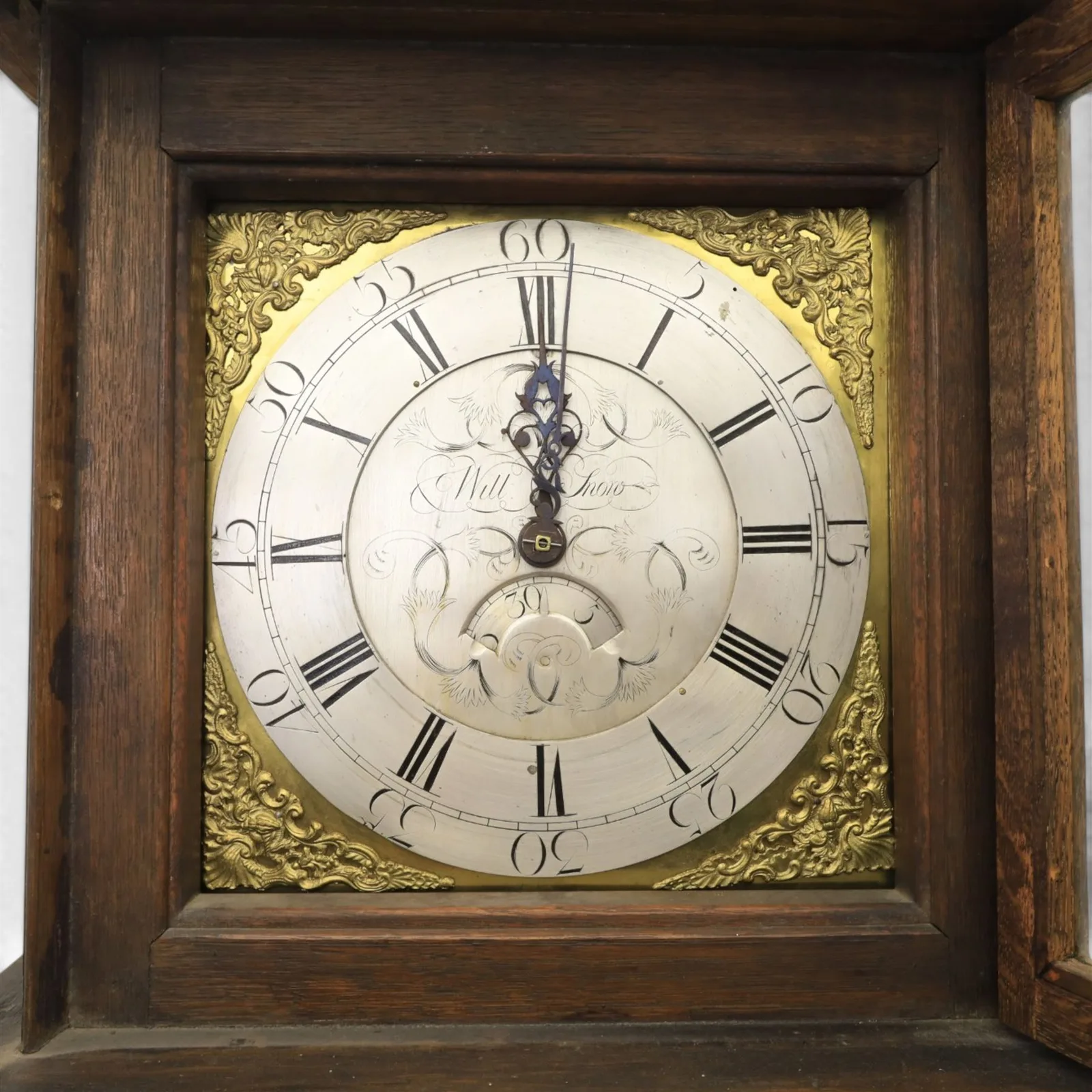 18th century 30 hours oak longcase clock, brass and silvered dial signed Will Snow thumbnail 4