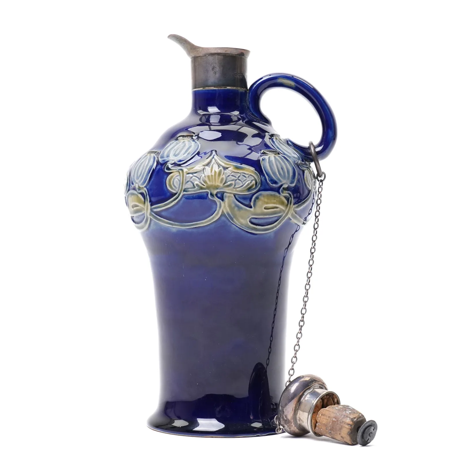 Edwardian Royal Doulton ceramic decanter by Marion Holbrook, of Art Nouveau design, with London 1903 silver collar and stopper; English origin, 23cm high thumbnail 3