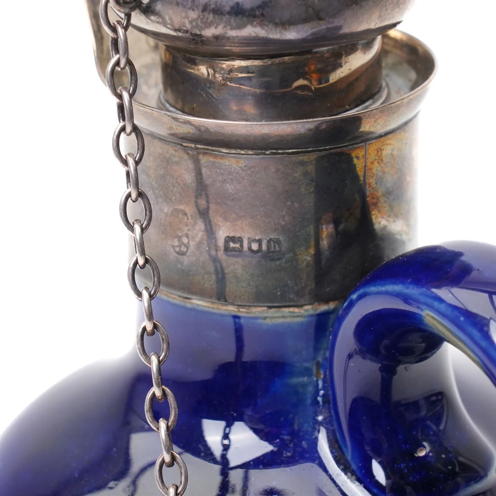 Edwardian Royal Doulton ceramic decanter by Marion Holbrook, of Art Nouveau design, with London 1903 silver collar and stopper; English origin, 23cm high thumbnail 4