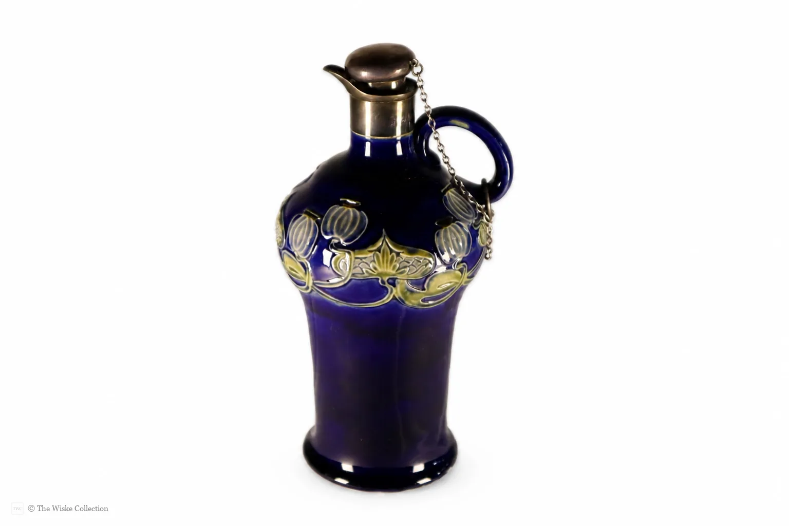Edwardian Royal Doulton ceramic decanter by Marion Holbrook, of Art Nouveau design, with London 1903 silver collar and stopper; English origin, 23cm high