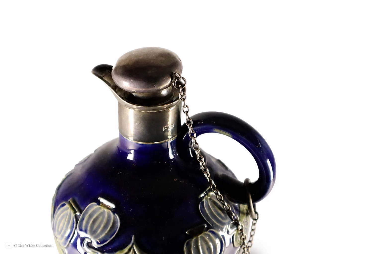 Edwardian Royal Doulton ceramic decanter by Marion Holbrook, of Art Nouveau design, with London 1903 silver collar and stopper; English origin, 23cm high thumbnail 2