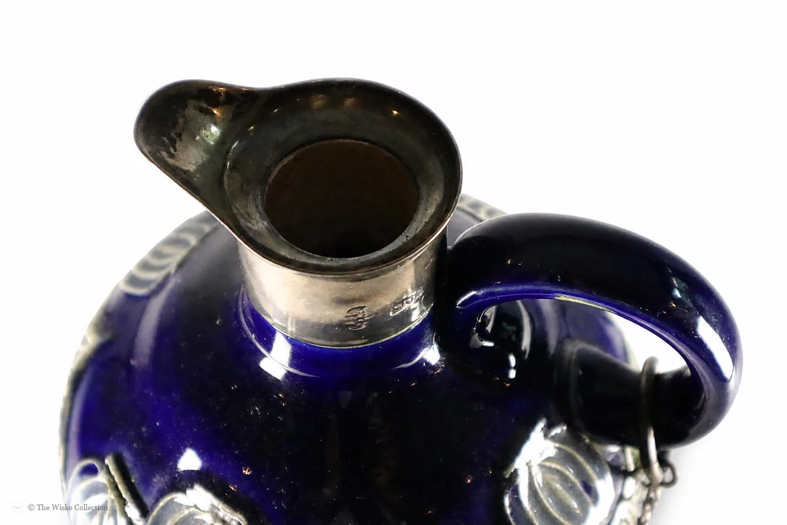 Edwardian Royal Doulton ceramic decanter by Marion Holbrook, of Art Nouveau design, with London 1903 silver collar and stopper; English origin, 23cm high thumbnail 6