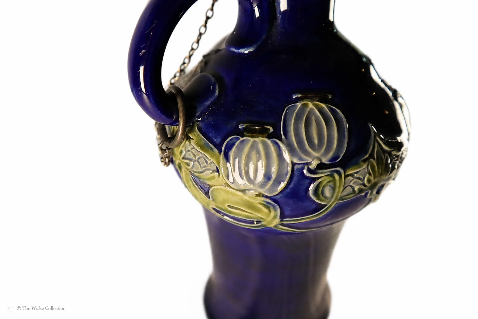 Edwardian Royal Doulton ceramic decanter by Marion Holbrook, of Art Nouveau design, with London 1903 silver collar and stopper; English origin, 23cm high thumbnail 7