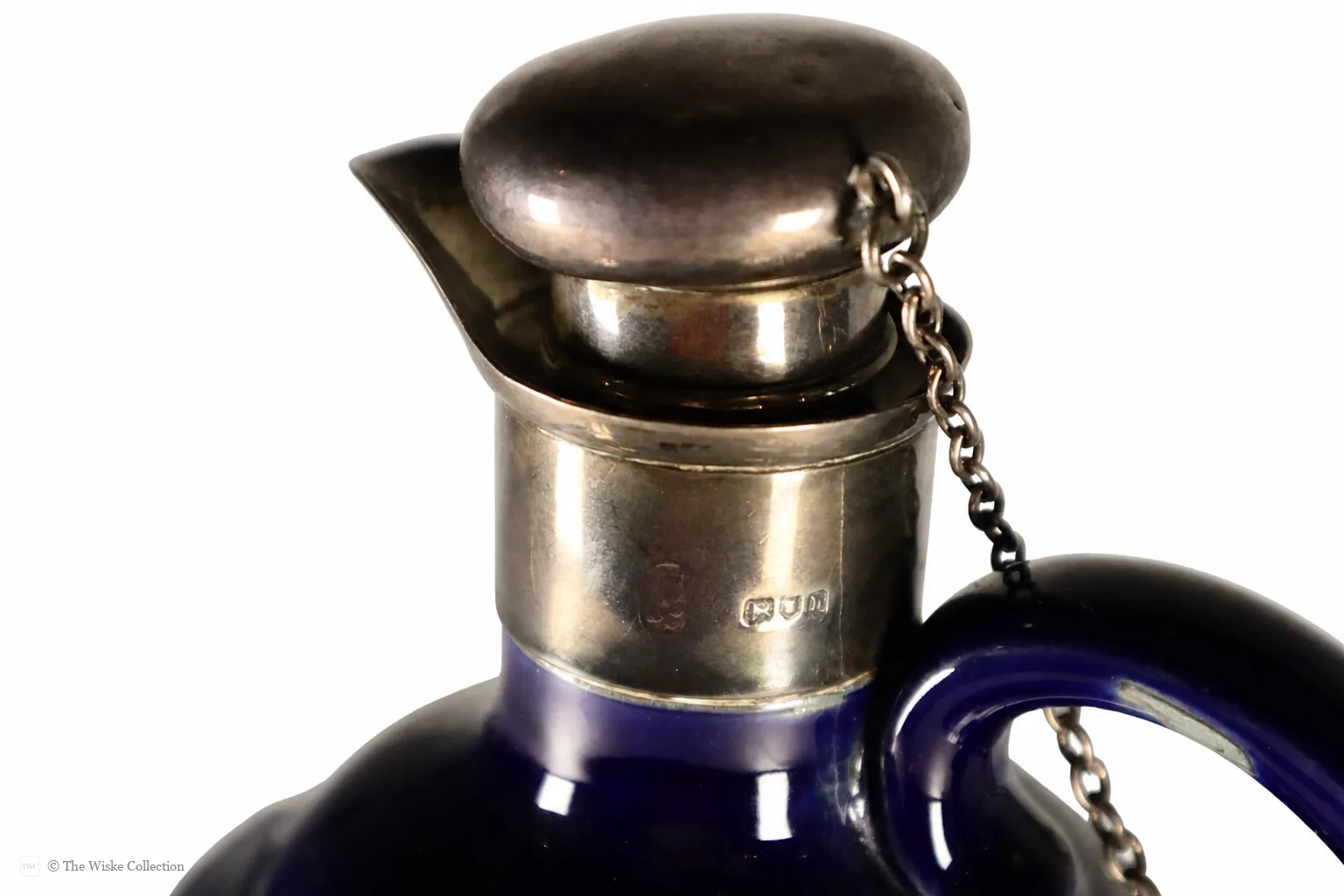 Edwardian Royal Doulton ceramic decanter by Marion Holbrook, of Art Nouveau design, with London 1903 silver collar and stopper; English origin, 23cm high thumbnail 10