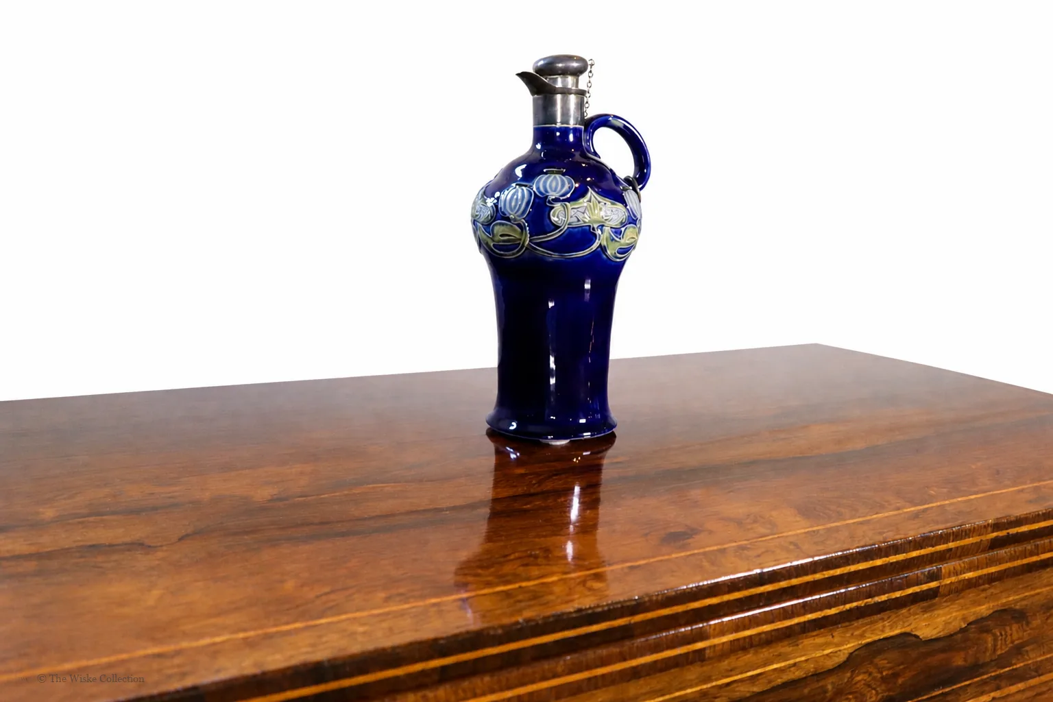 Edwardian Royal Doulton ceramic decanter by Marion Holbrook, of Art Nouveau design, with London 1903 silver collar and stopper; English origin, 23cm high thumbnail 13