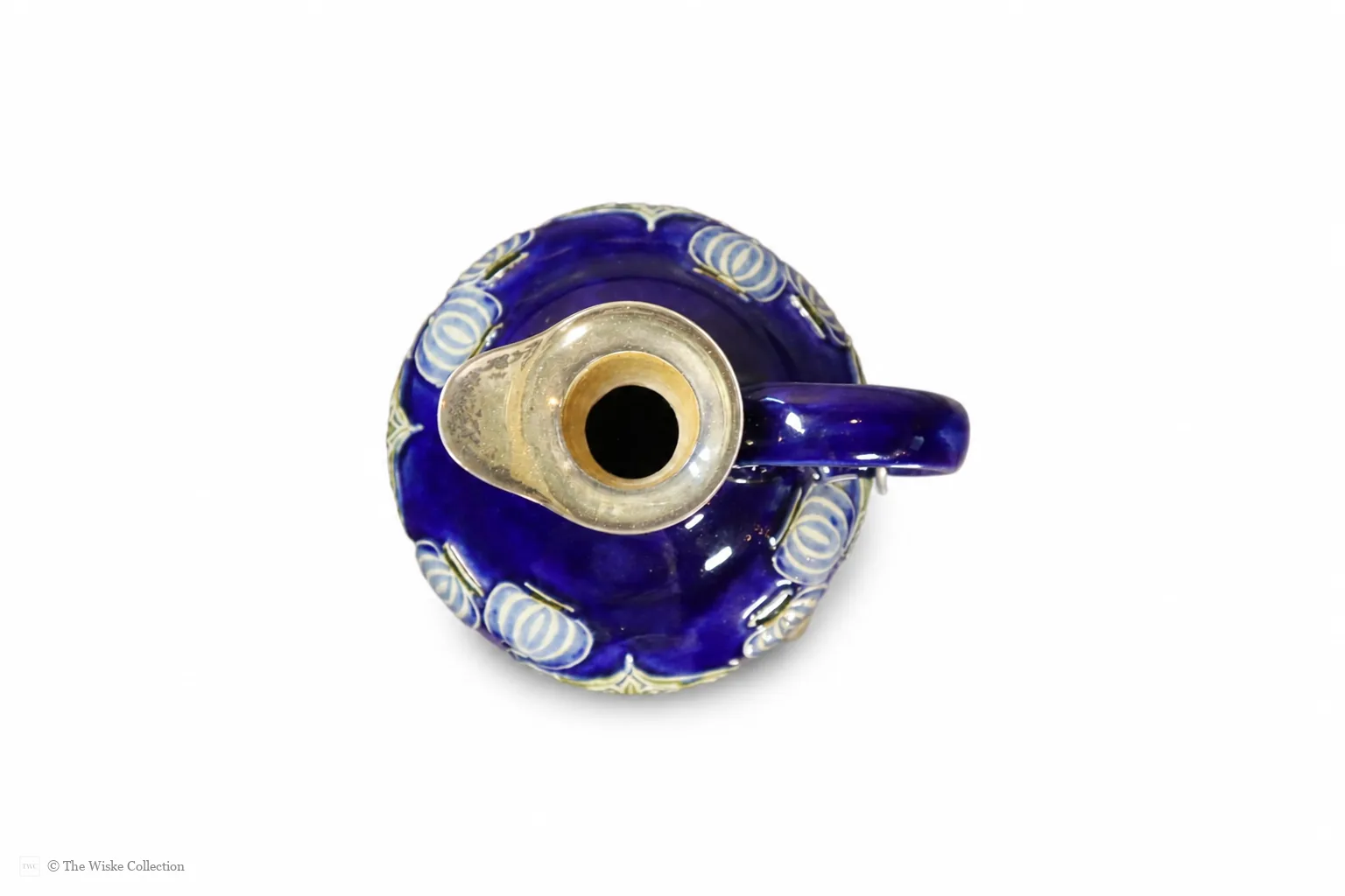 Edwardian Royal Doulton ceramic decanter by Marion Holbrook, of Art Nouveau design, with London 1903 silver collar and stopper; English origin, 23cm high thumbnail 14
