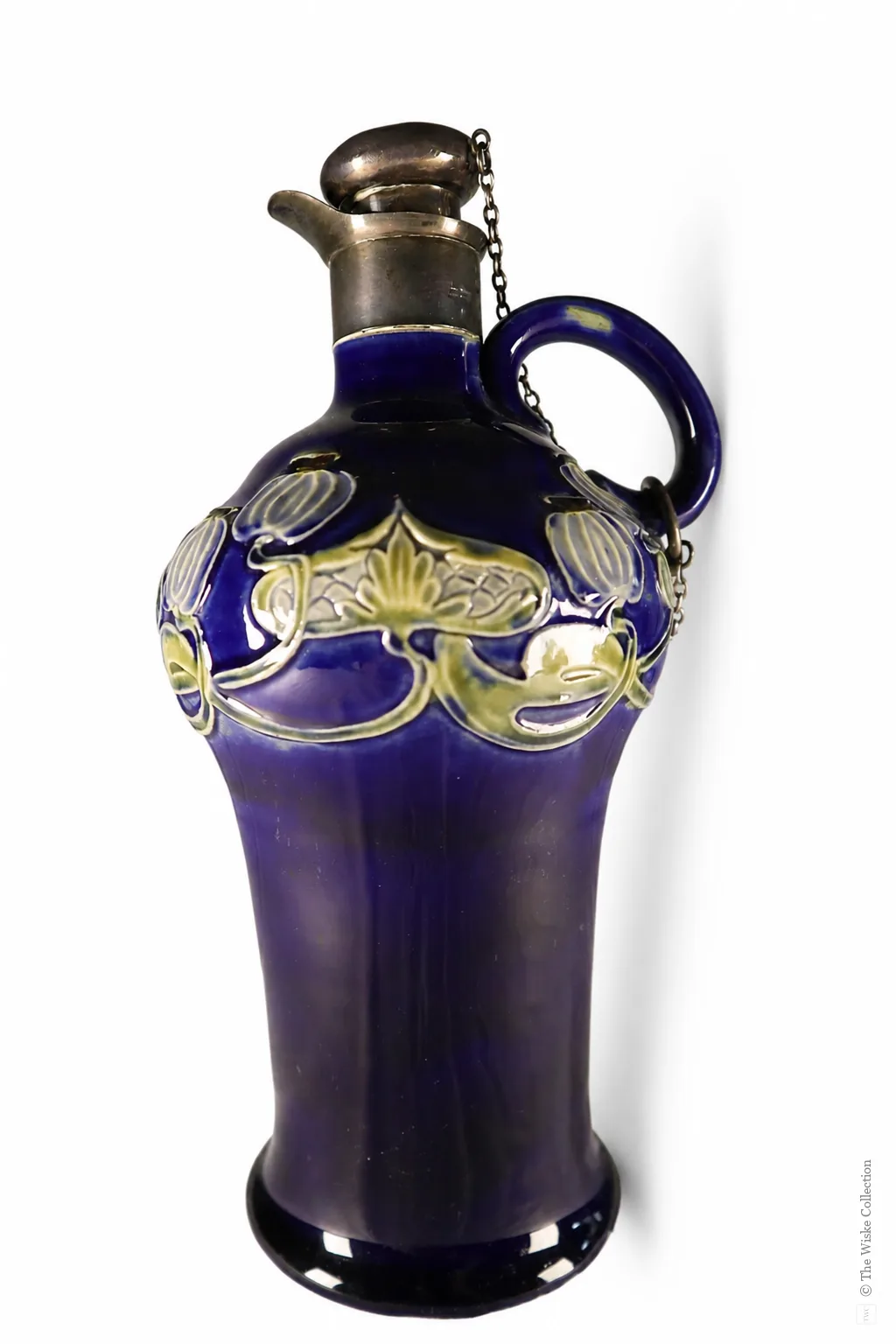 Edwardian Royal Doulton ceramic decanter by Marion Holbrook, of Art Nouveau design, with London 1903 silver collar and stopper; English origin, 23cm high thumbnail 11