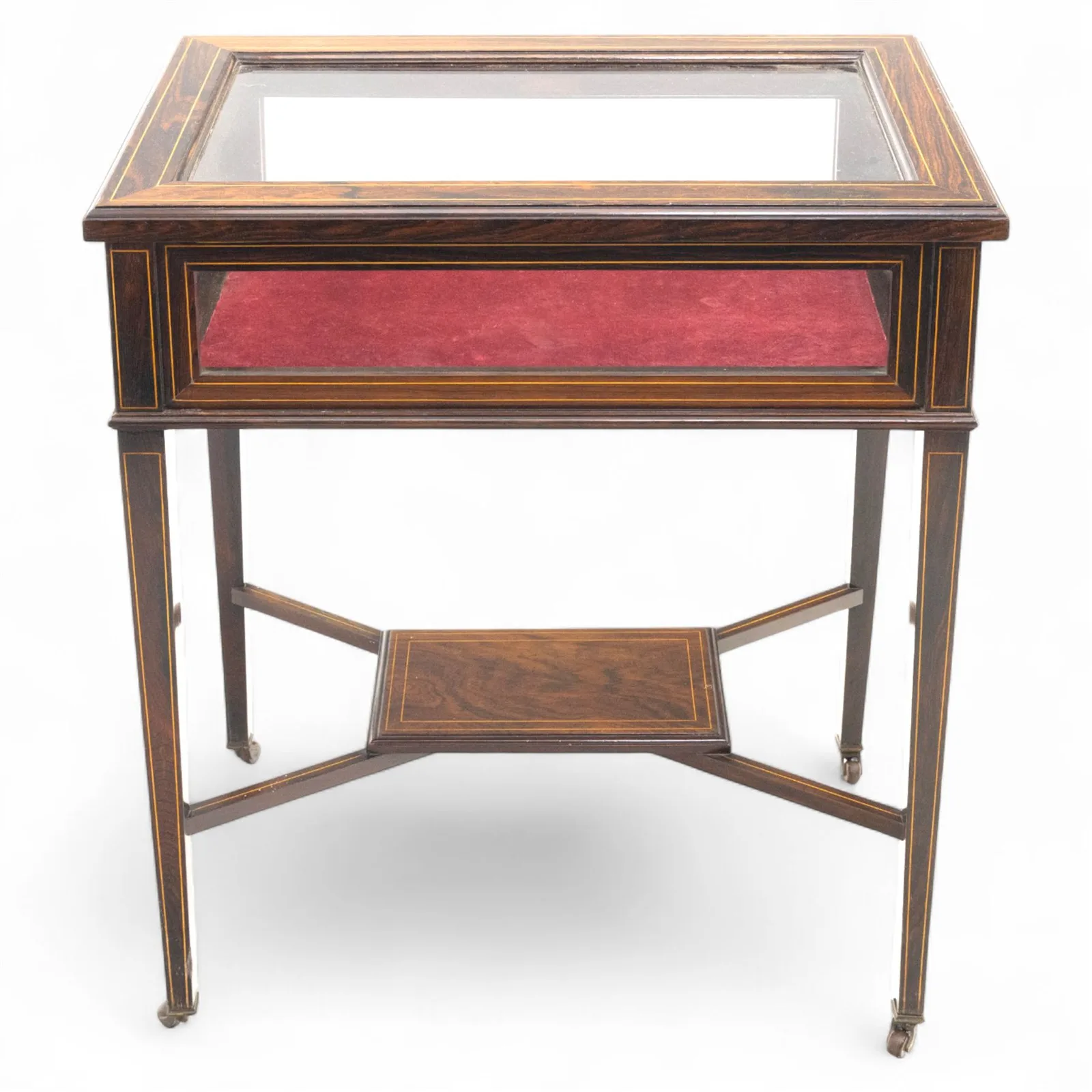 Edwardian rosewood bijouterie cabinet, the hinged rectangular top with line inlay enclosing a velvet lined interior, upon slender tapering legs inlaid with satinwood foliate marquetry decoration, with stretchers united by an under tier, raised on castors thumbnail 7