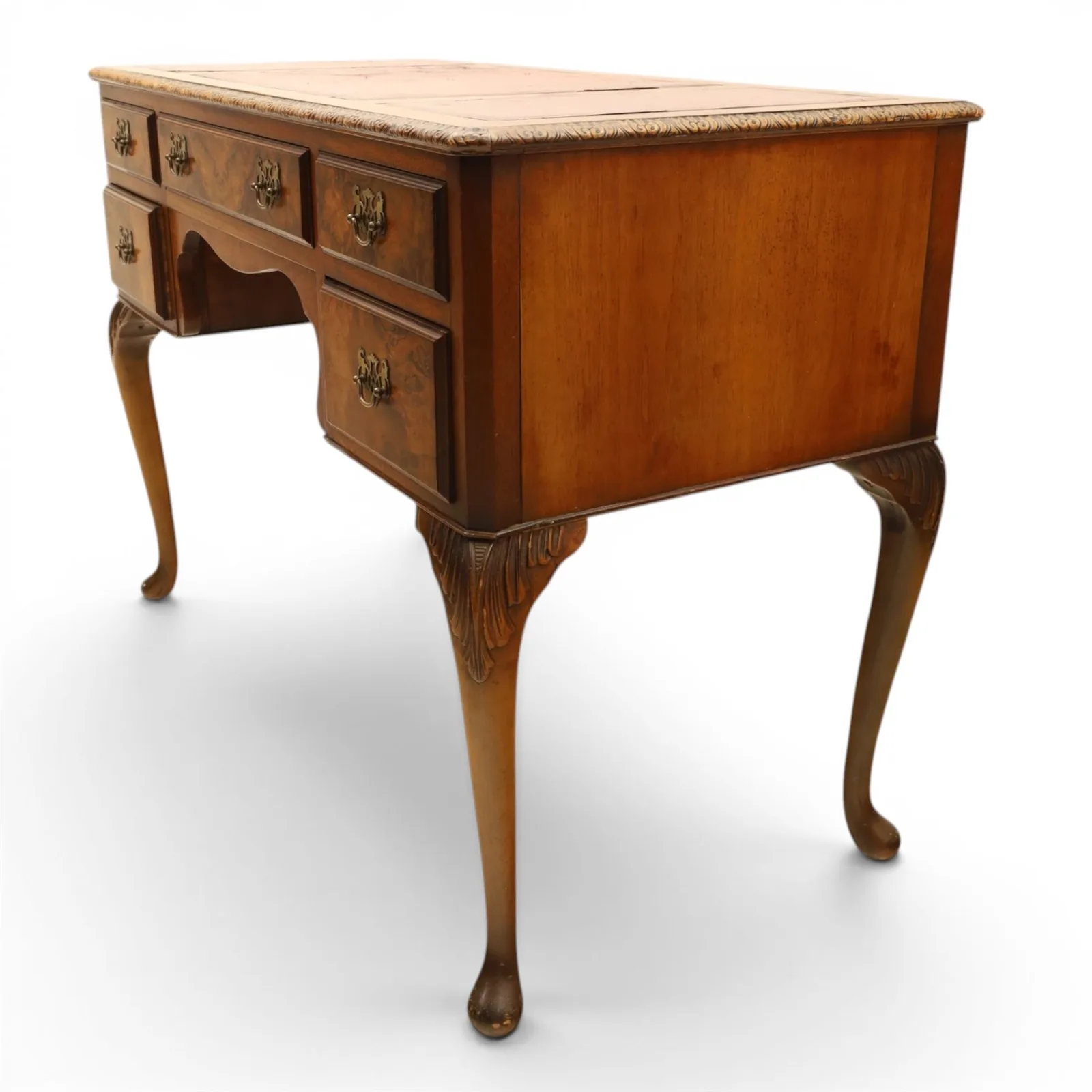 Early 20th-century Queen Anne Revival figured-walnut desk with triple inset leather writing surfaces, five drawers, and graceful proportions thumbnail 3