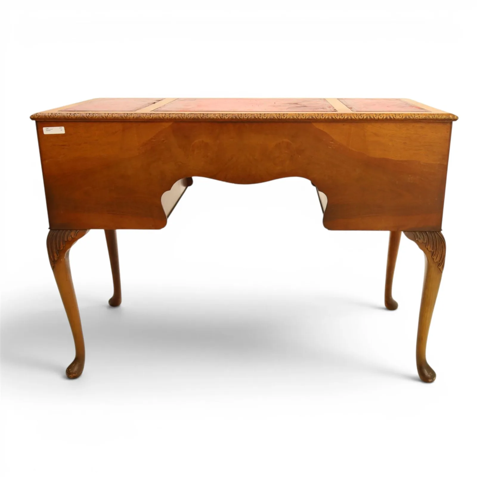 Early 20th-century Queen Anne Revival figured-walnut desk with triple inset leather writing surfaces, five drawers, and graceful proportions thumbnail 5