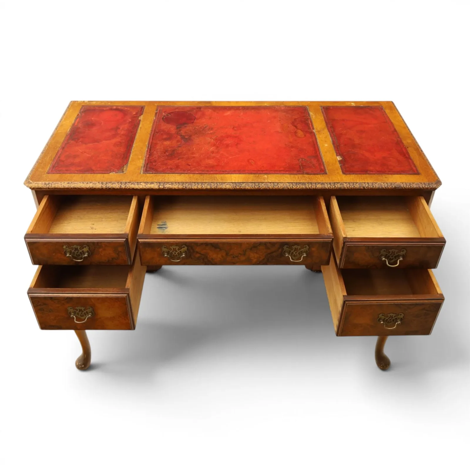 Early 20th-century Queen Anne Revival figured-walnut desk with triple inset leather writing surfaces, five drawers, and graceful proportions thumbnail 7