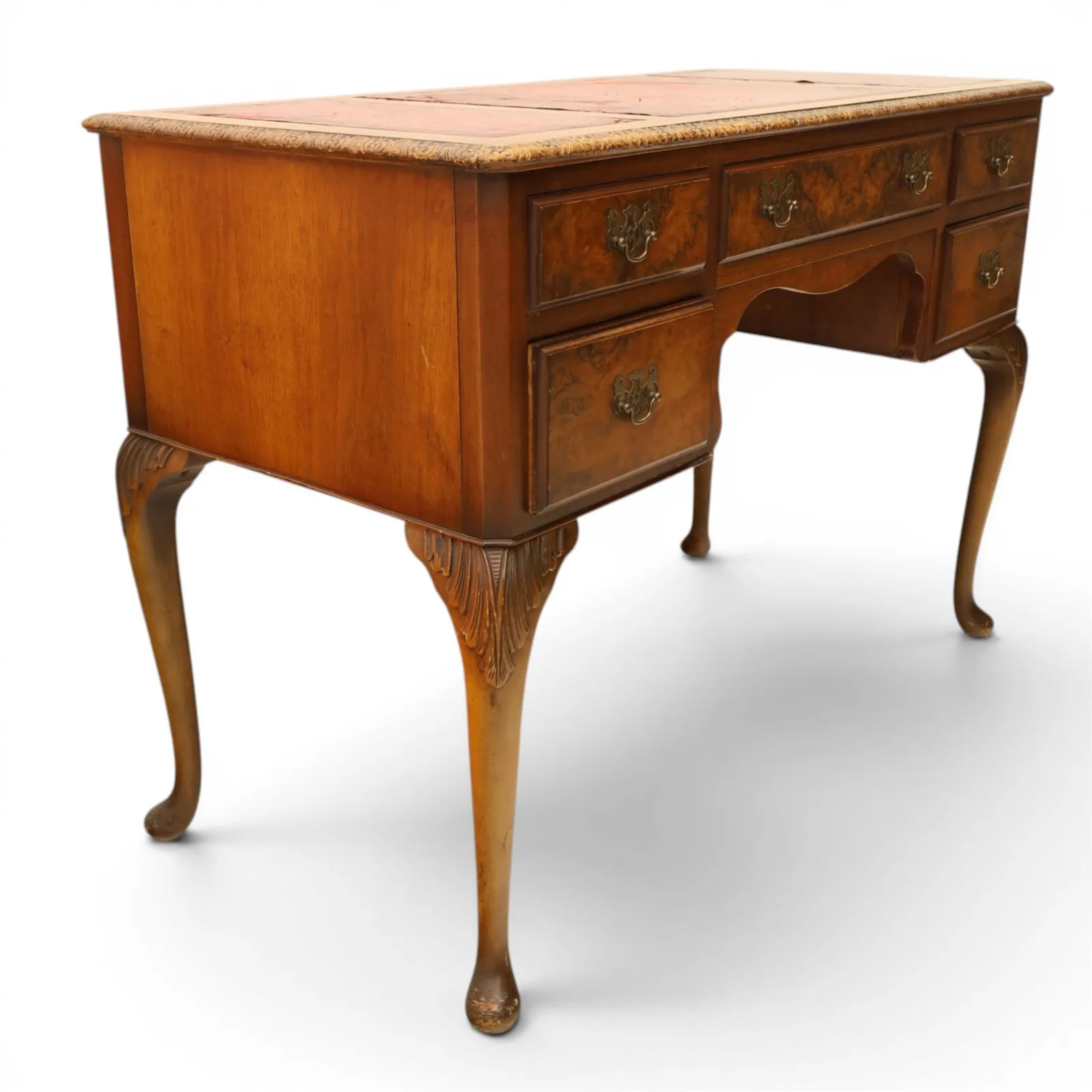 Early 20th-century Queen Anne Revival figured-walnut desk with triple inset leather writing surfaces, five drawers, and graceful proportions thumbnail 2