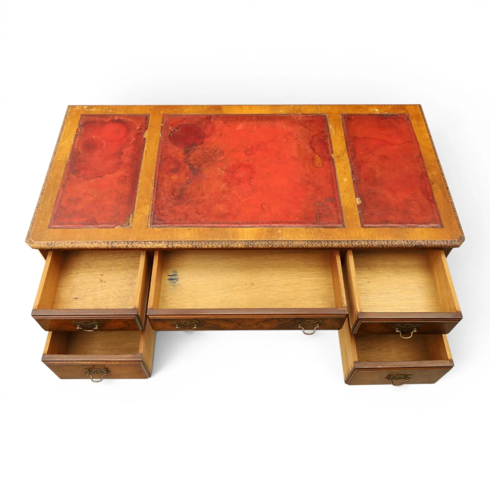Early 20th-century Queen Anne Revival figured-walnut desk with triple inset leather writing surfaces, five drawers, and graceful proportions thumbnail 8