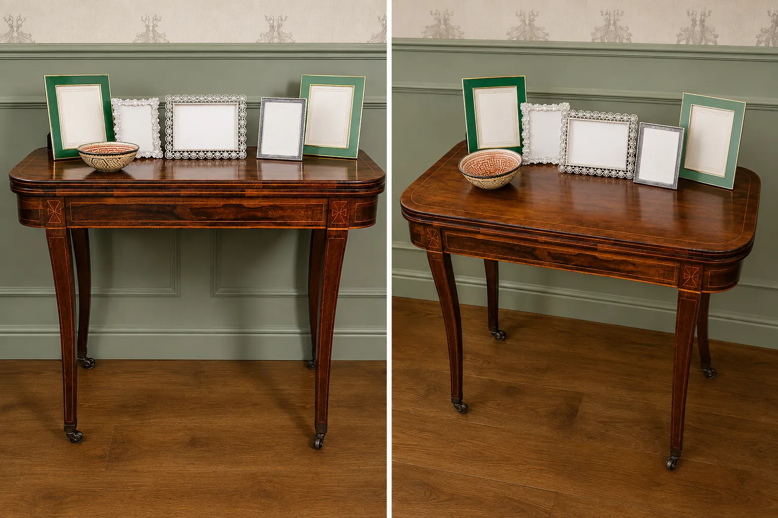 Beautiful Regency rosewood folding tea table, early 19th century, rounded rectangular top with satinwood banding and crossbanded frieze; hinged fold-over action; raised on tapered square supports with brass castors thumbnail 2