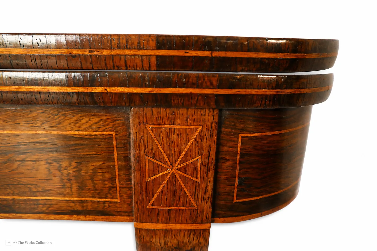 Beautiful Regency rosewood folding tea table, early 19th century, rounded rectangular top with satinwood banding and crossbanded frieze; hinged fold-over action; raised on tapered square supports with brass castors thumbnail 7