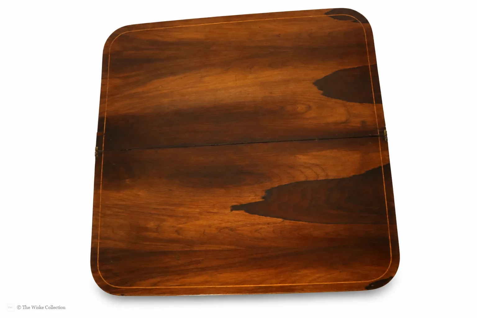 Beautiful Regency rosewood folding tea table, early 19th century, rounded rectangular top with satinwood banding and crossbanded frieze; hinged fold-over action; raised on tapered square supports with brass castors thumbnail 10