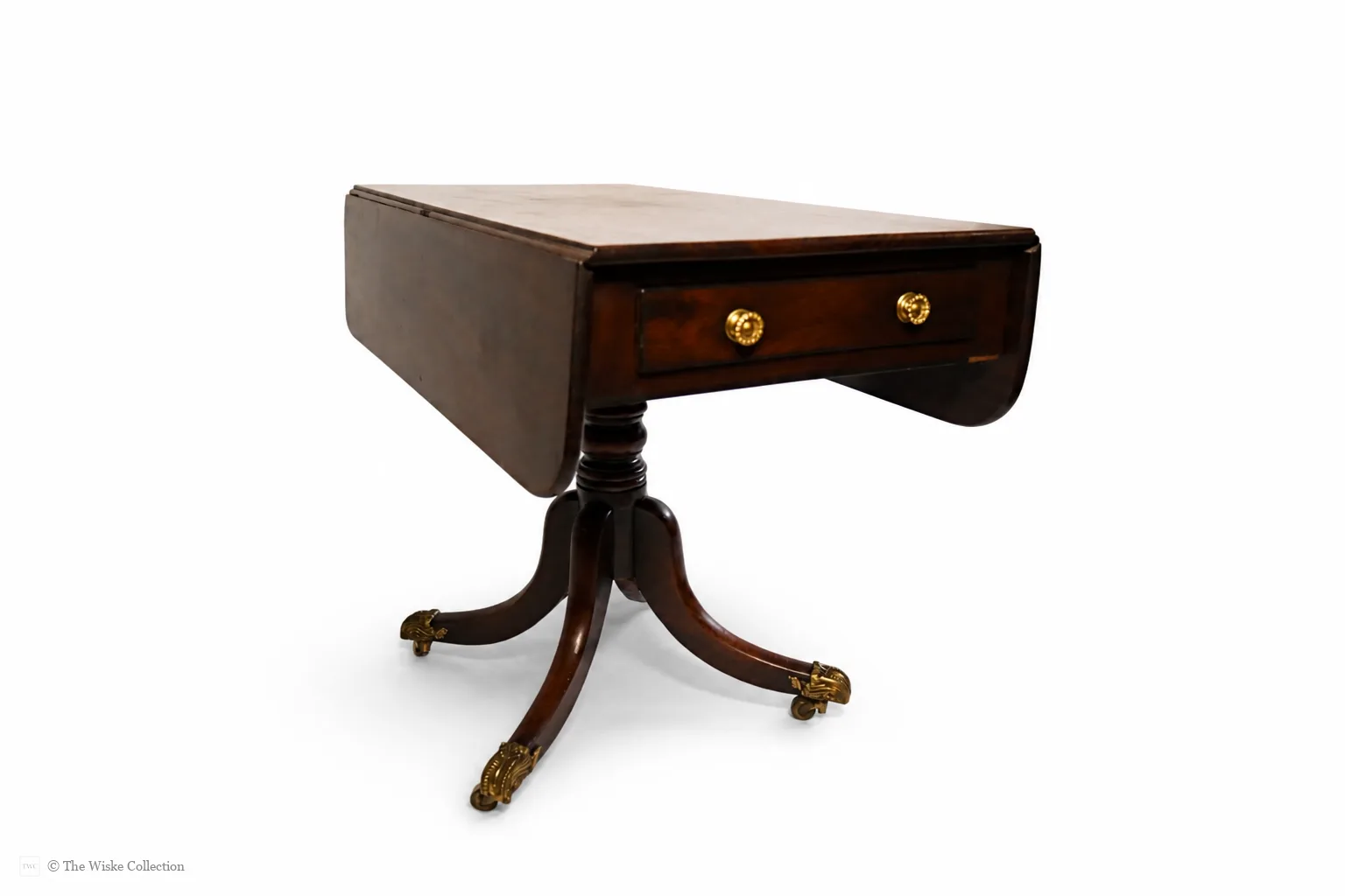 English late Regency mahogany drop-leaf Pembroke table, maker unknown, rectangular with rounded corners, frieze and blind drawers; raised on a turned pedestal with splayed legs ending in brass lion-paw feet and castors thumbnail 9